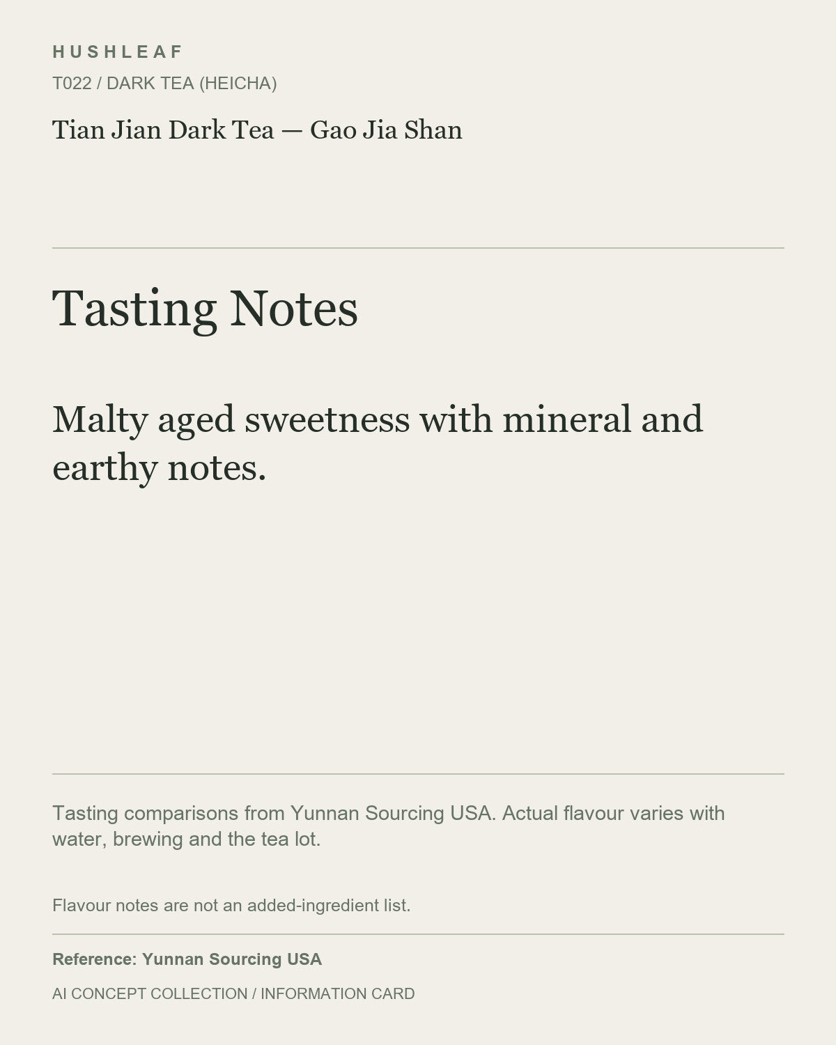 AI concept collection — tasting information card — Tian Jian Dark Tea — Gao Jia Shan