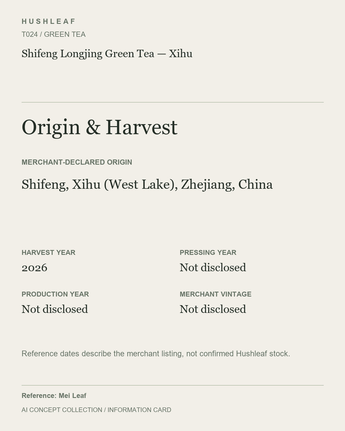 AI concept collection — origin harvest information card — Shifeng Longjing Green Tea — Xihu
