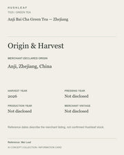 AI concept collection — origin harvest information card — Anji Bai Cha Green Tea — Zhejiang