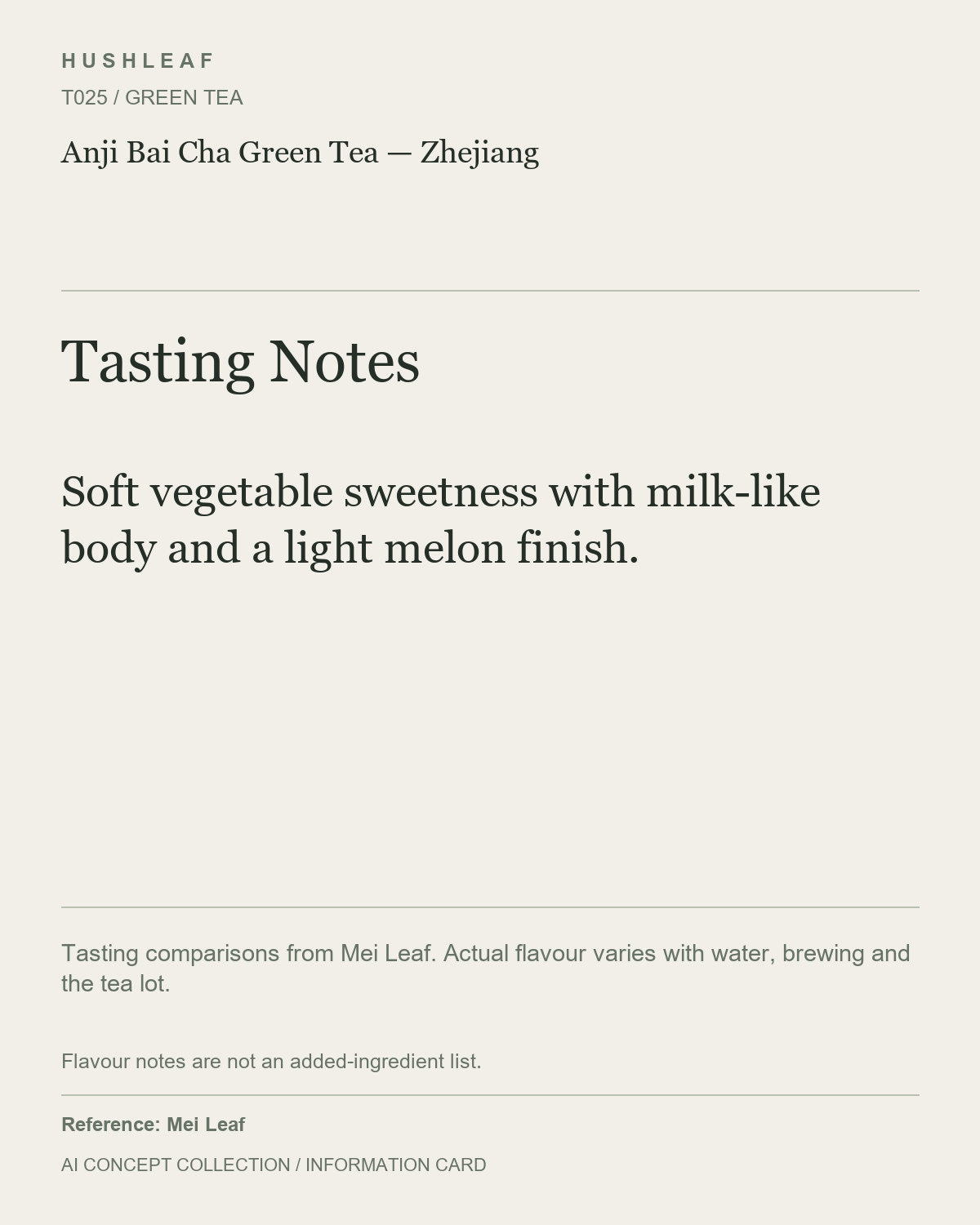 AI concept collection — tasting information card — Anji Bai Cha Green Tea — Zhejiang