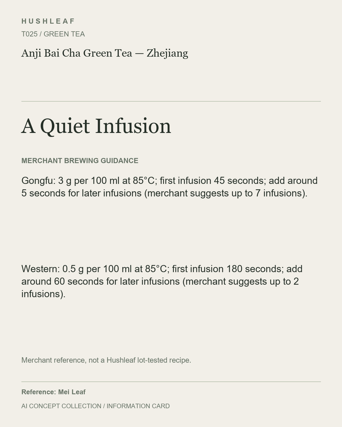 AI concept collection — brewing information card — Anji Bai Cha Green Tea — Zhejiang