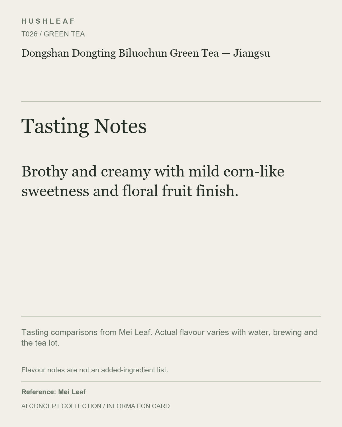 AI concept collection — tasting information card — Dongshan Dongting Biluochun Green Tea — Jiangsu