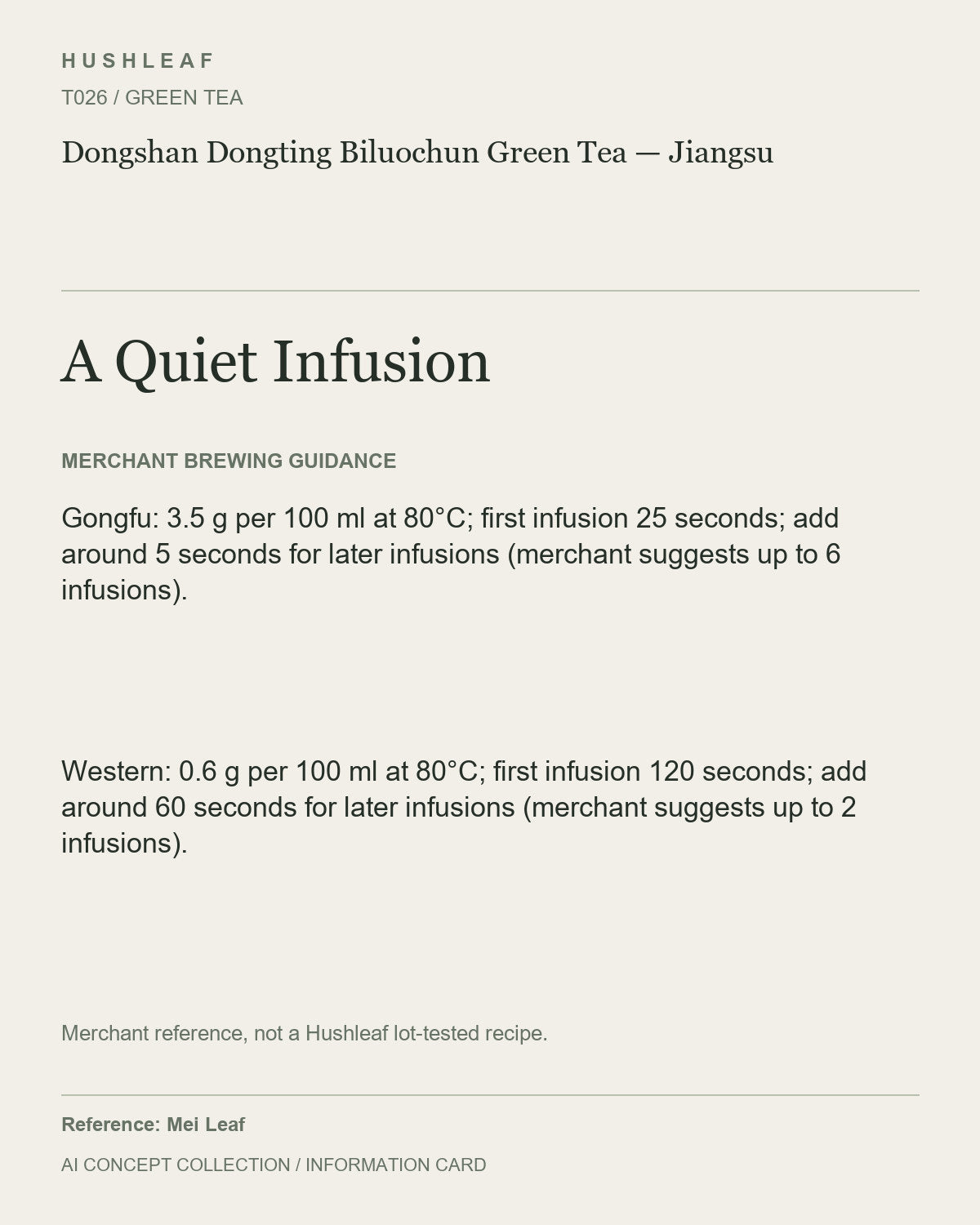AI concept collection — brewing information card — Dongshan Dongting Biluochun Green Tea — Jiangsu