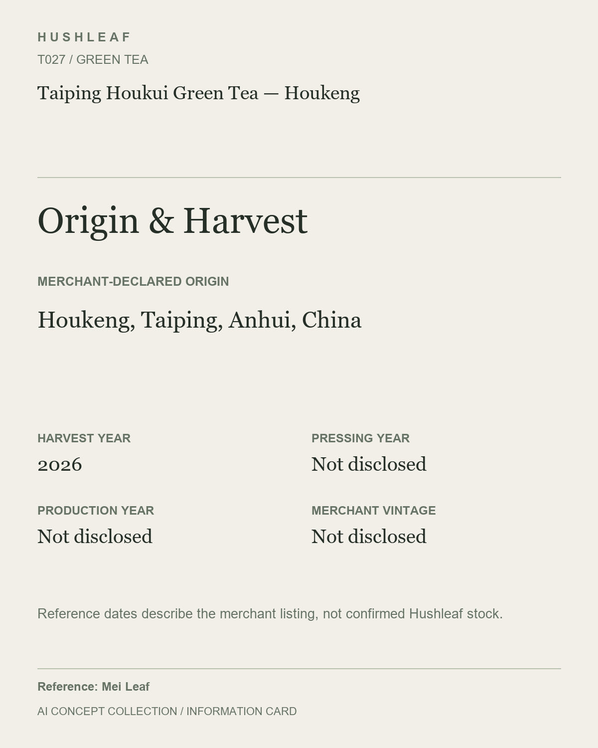 AI concept collection — origin harvest information card — Taiping Houkui Green Tea — Houkeng