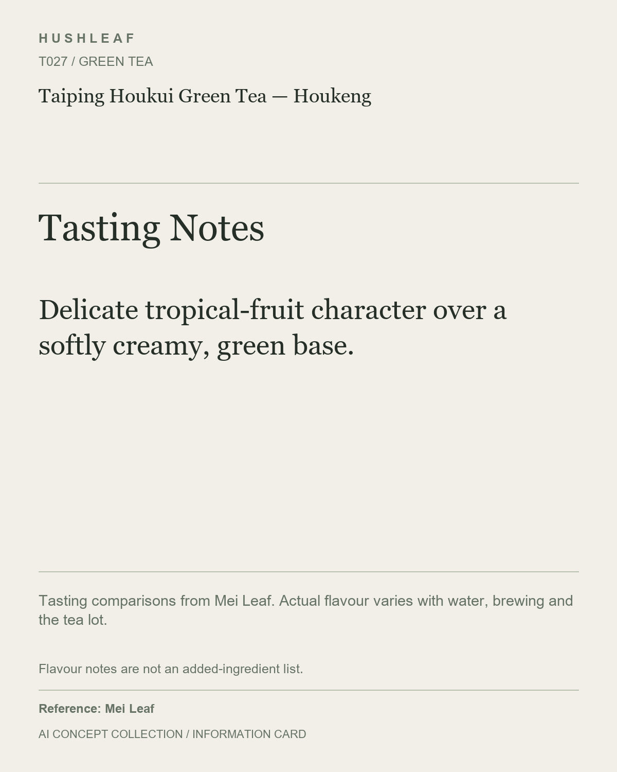 AI concept collection — tasting information card — Taiping Houkui Green Tea — Houkeng