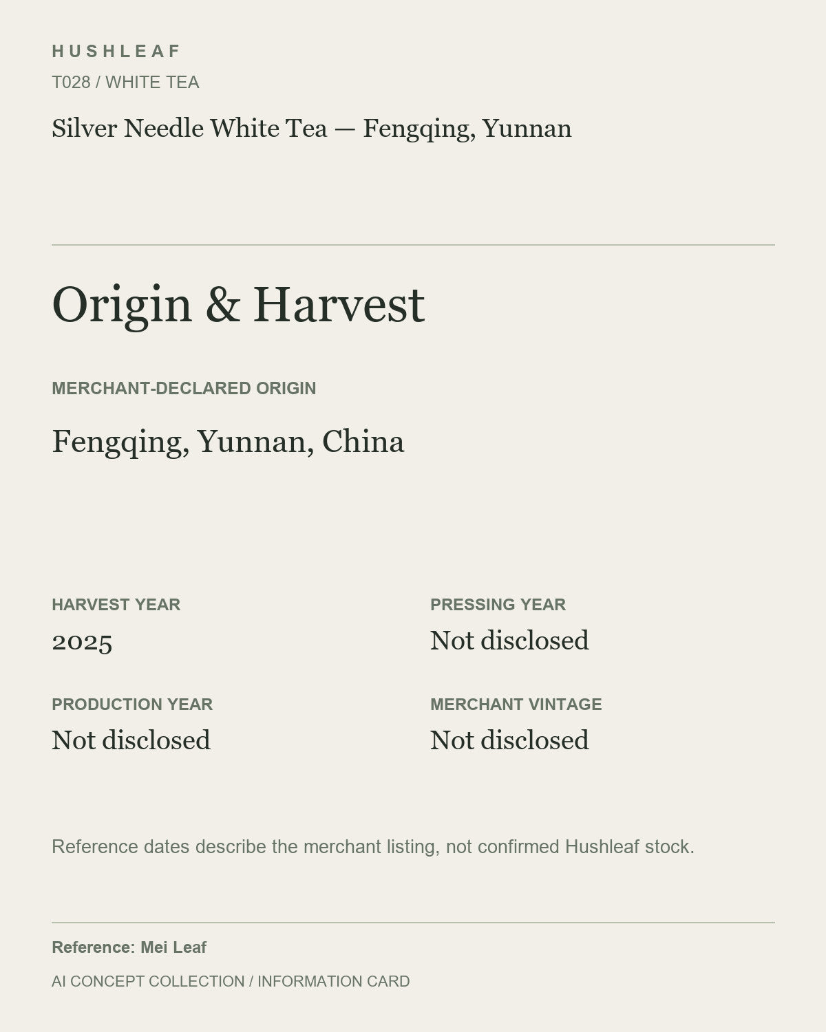 AI concept collection — origin harvest information card — Silver Needle White Tea — Fengqing, Yunnan