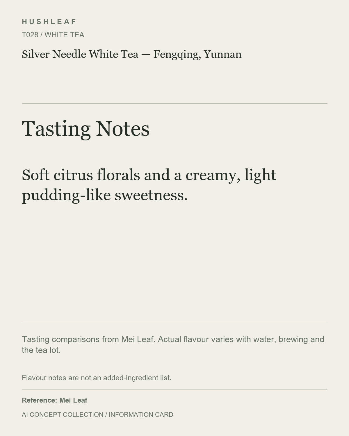 AI concept collection — tasting information card — Silver Needle White Tea — Fengqing, Yunnan