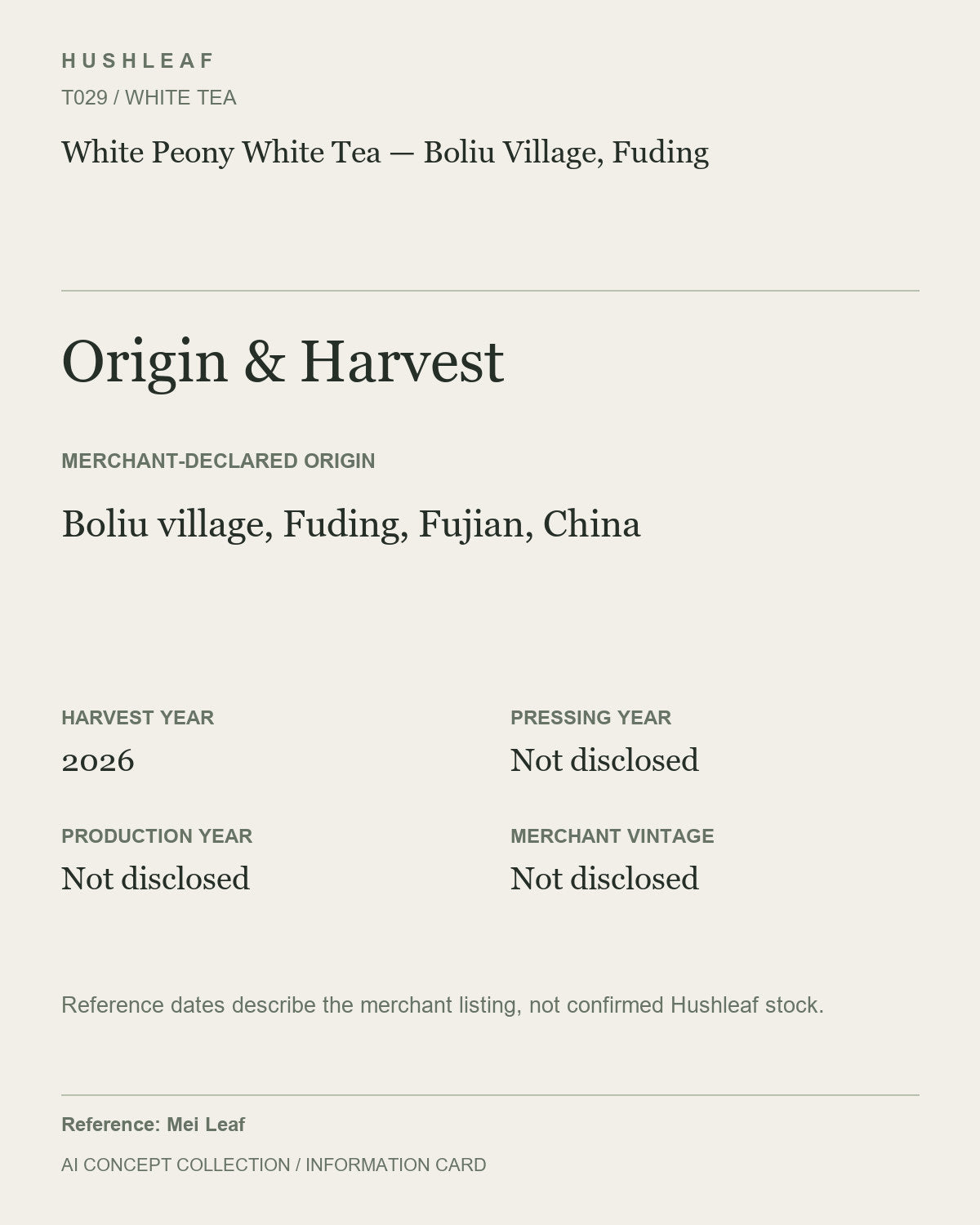 AI concept collection — origin harvest information card — White Peony White Tea — Boliu Village, Fuding