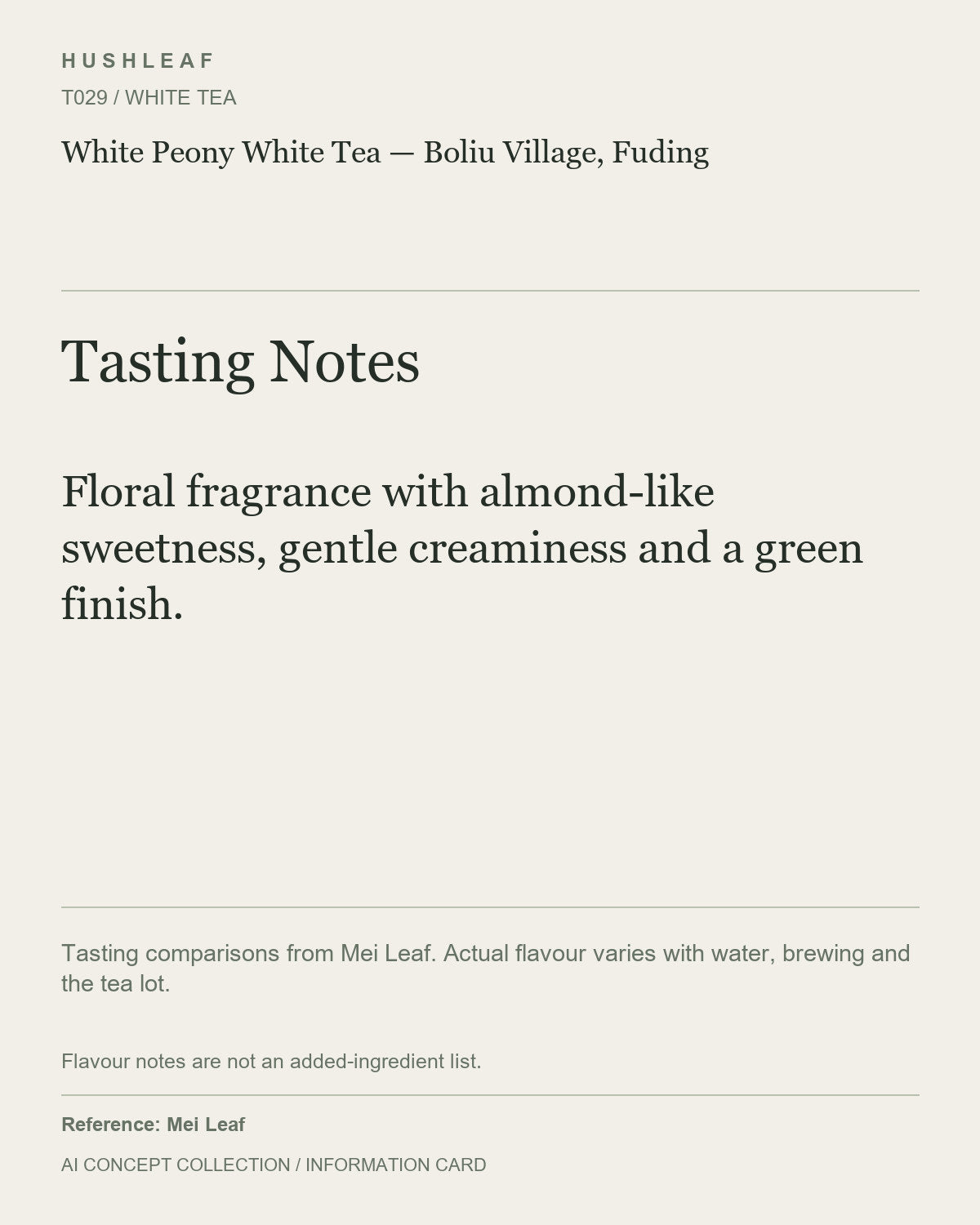 AI concept collection — tasting information card — White Peony White Tea — Boliu Village, Fuding
