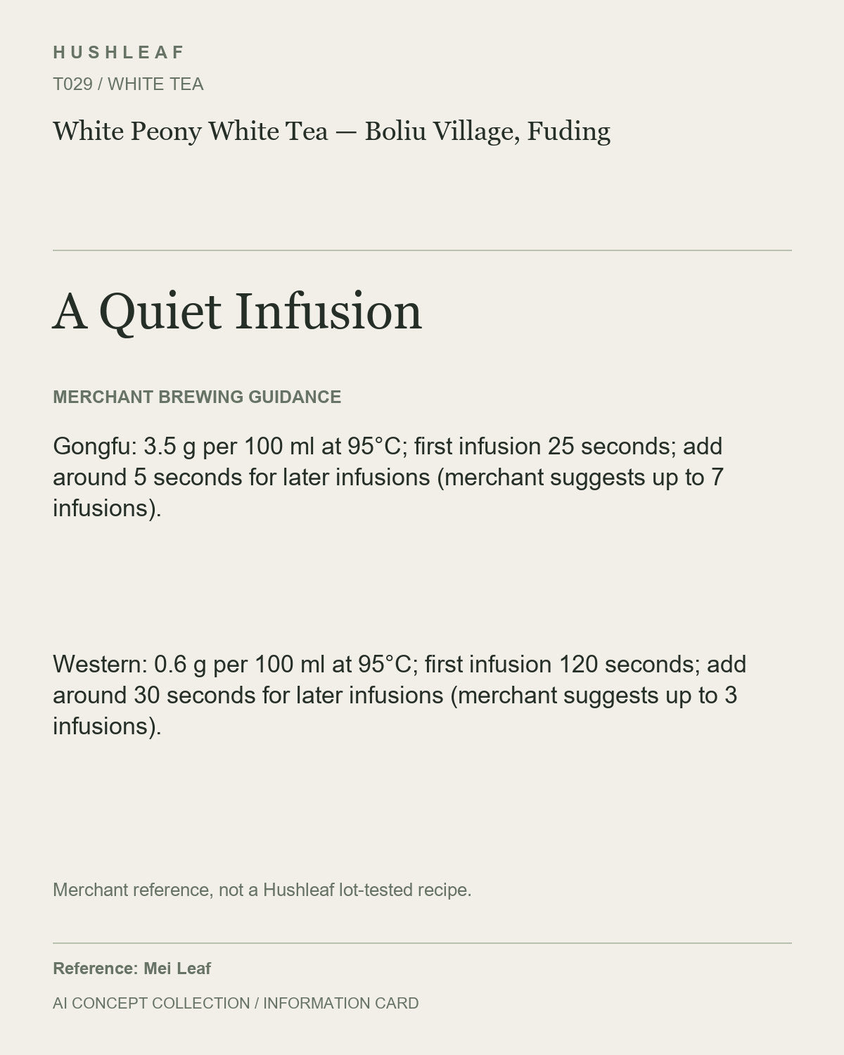 AI concept collection — brewing information card — White Peony White Tea — Boliu Village, Fuding