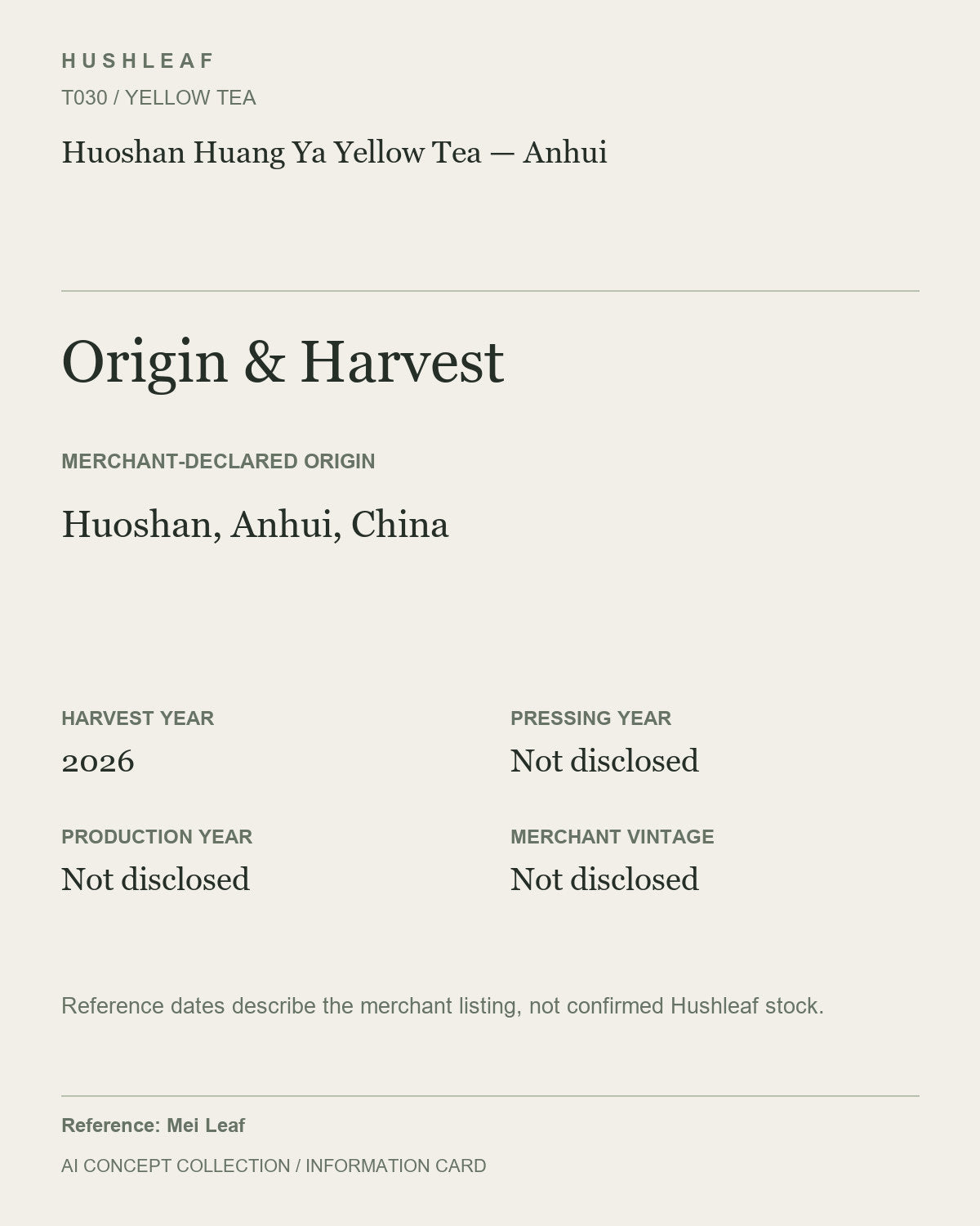 AI concept collection — origin harvest information card — Huoshan Huang Ya Yellow Tea — Anhui