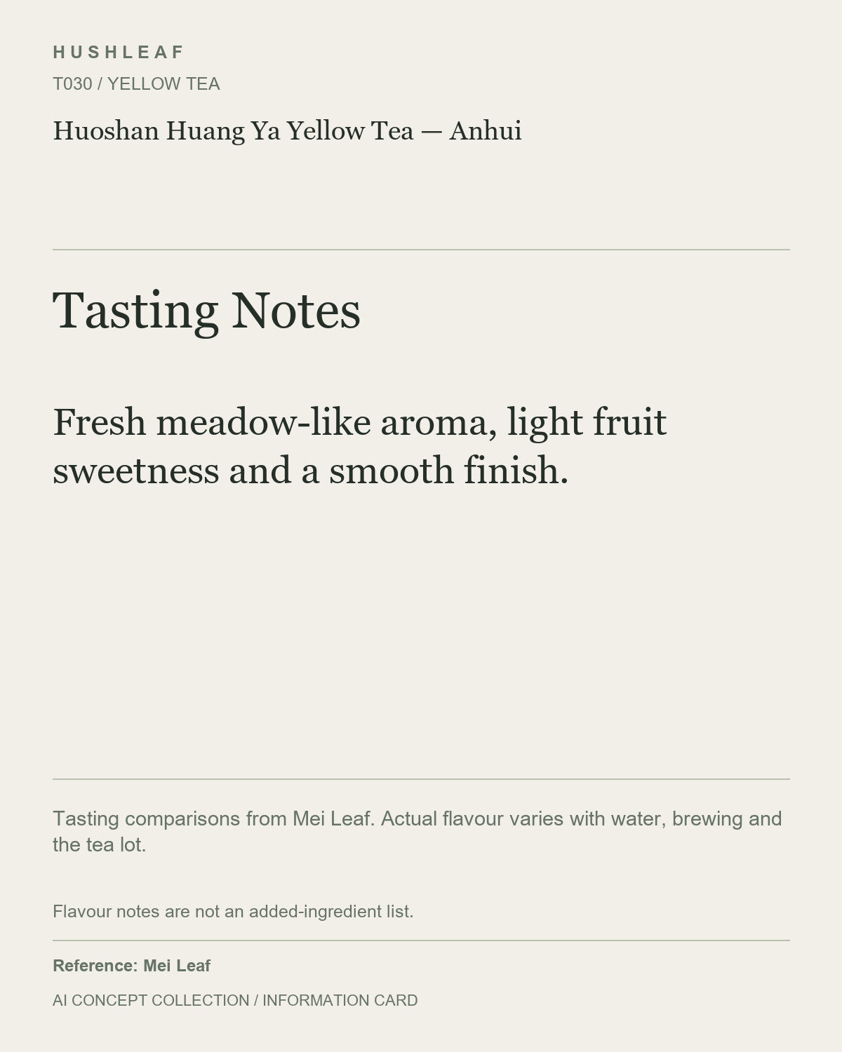 AI concept collection — tasting information card — Huoshan Huang Ya Yellow Tea — Anhui