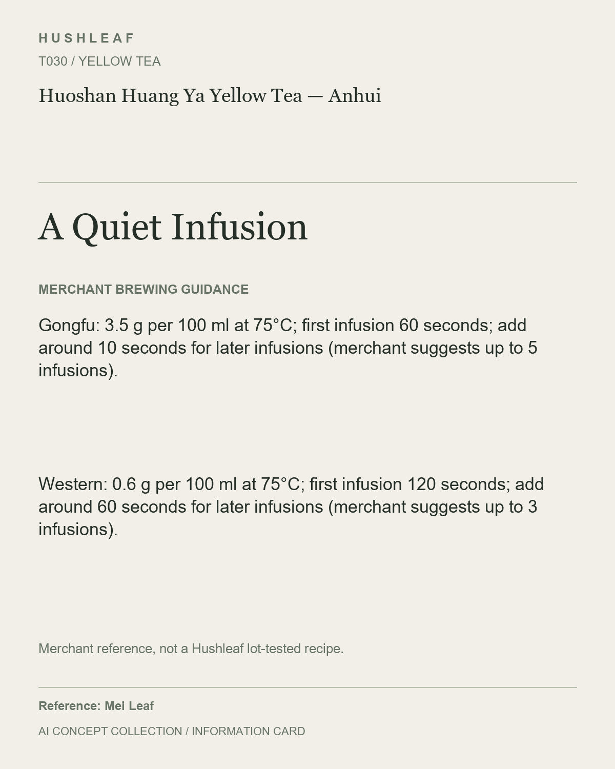 AI concept collection — brewing information card — Huoshan Huang Ya Yellow Tea — Anhui