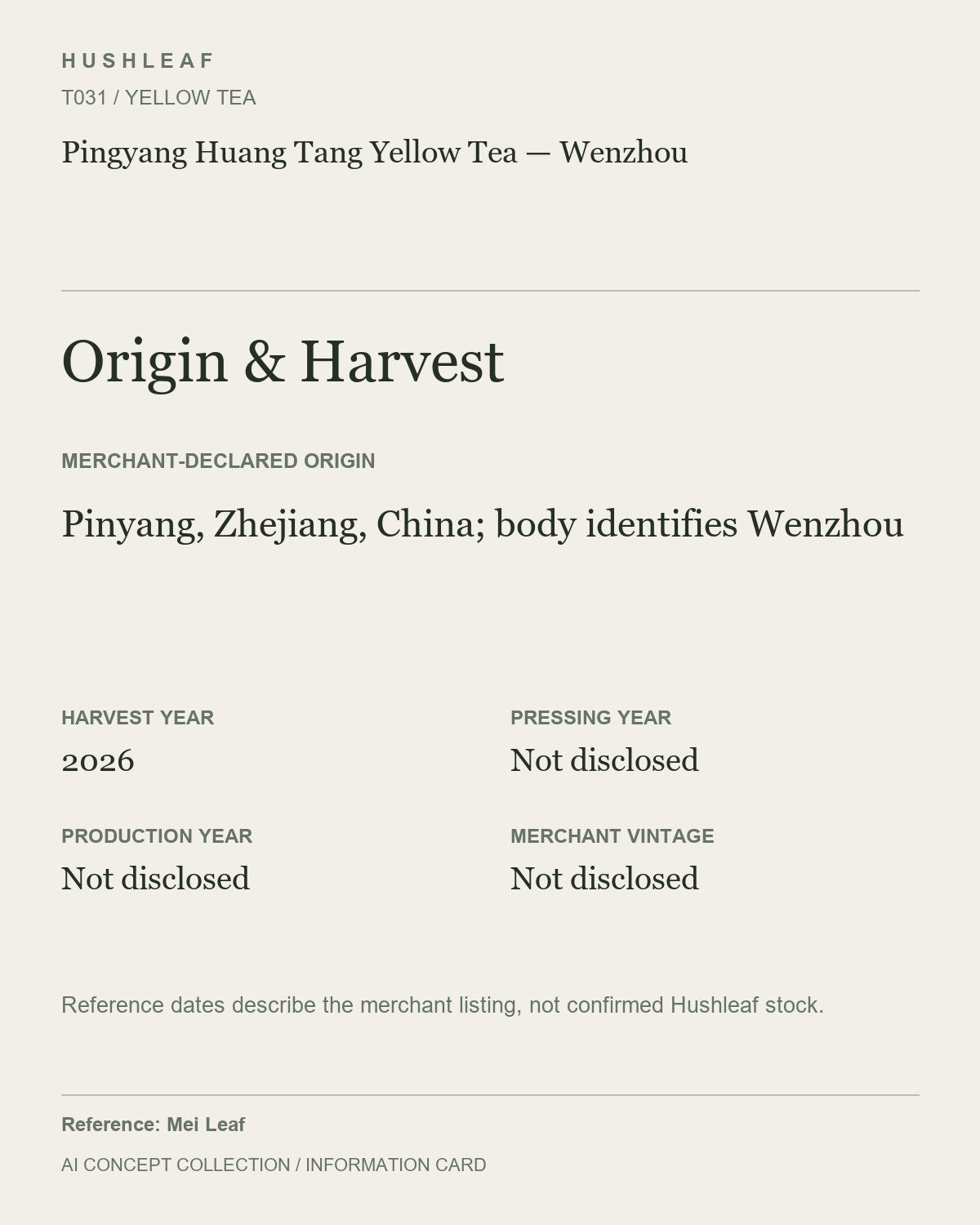 AI concept collection — origin harvest information card — Pingyang Huang Tang Yellow Tea — Wenzhou