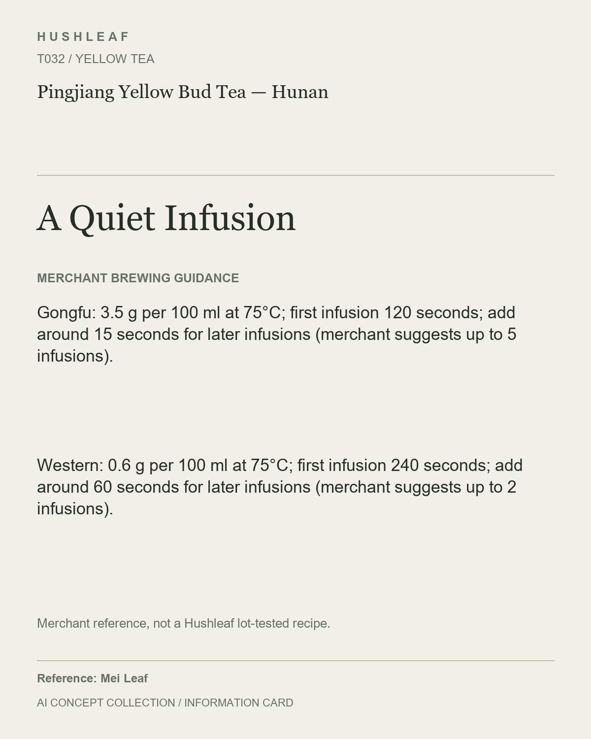 AI concept collection — brewing information card — Pingjiang Yellow Bud Tea — Hunan
