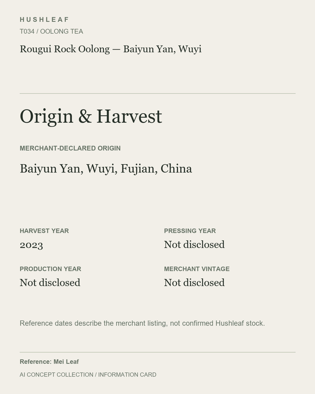 AI concept collection — origin harvest information card — Rougui Rock Oolong — Baiyun Yan, Wuyi