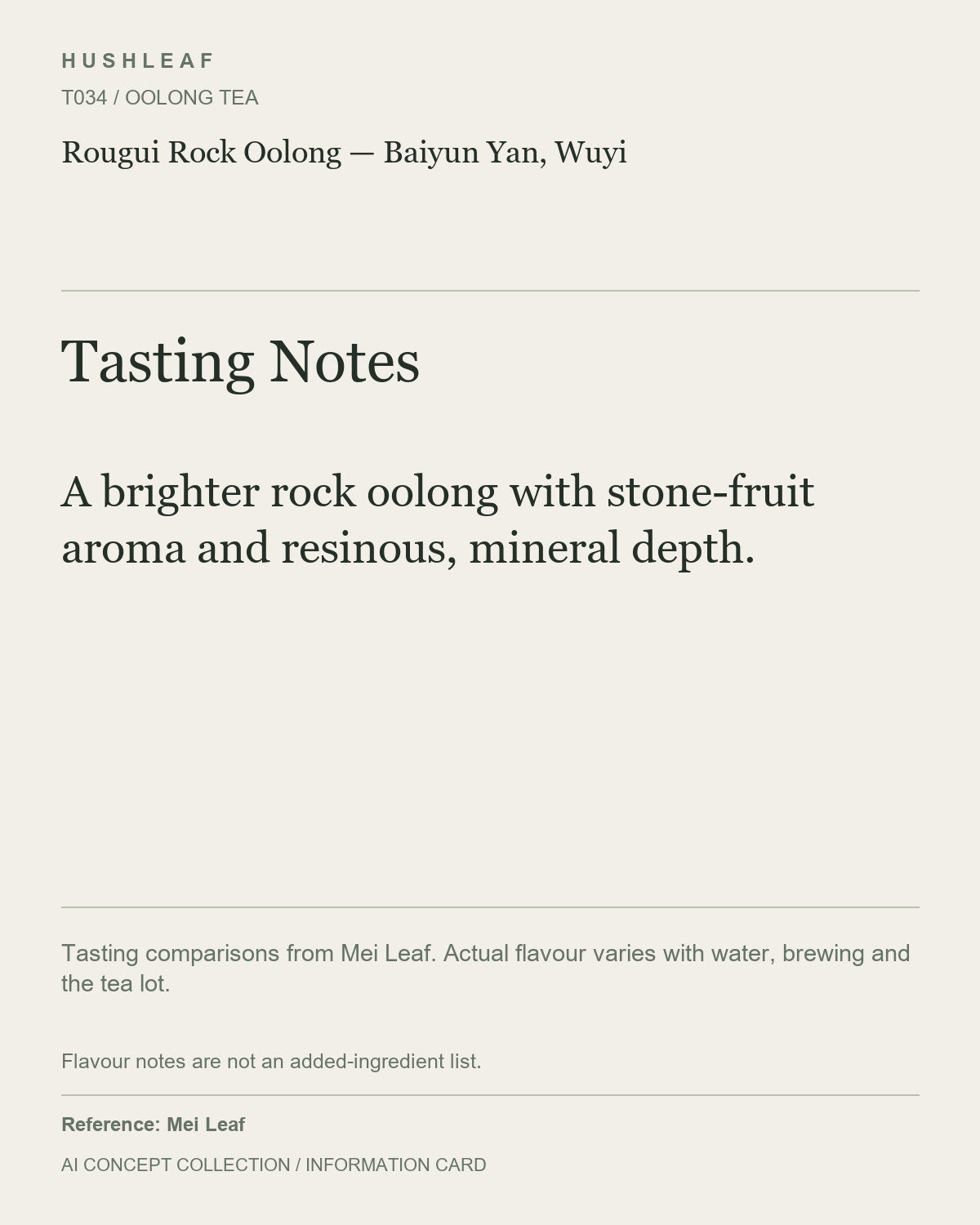AI concept collection — tasting information card — Rougui Rock Oolong — Baiyun Yan, Wuyi