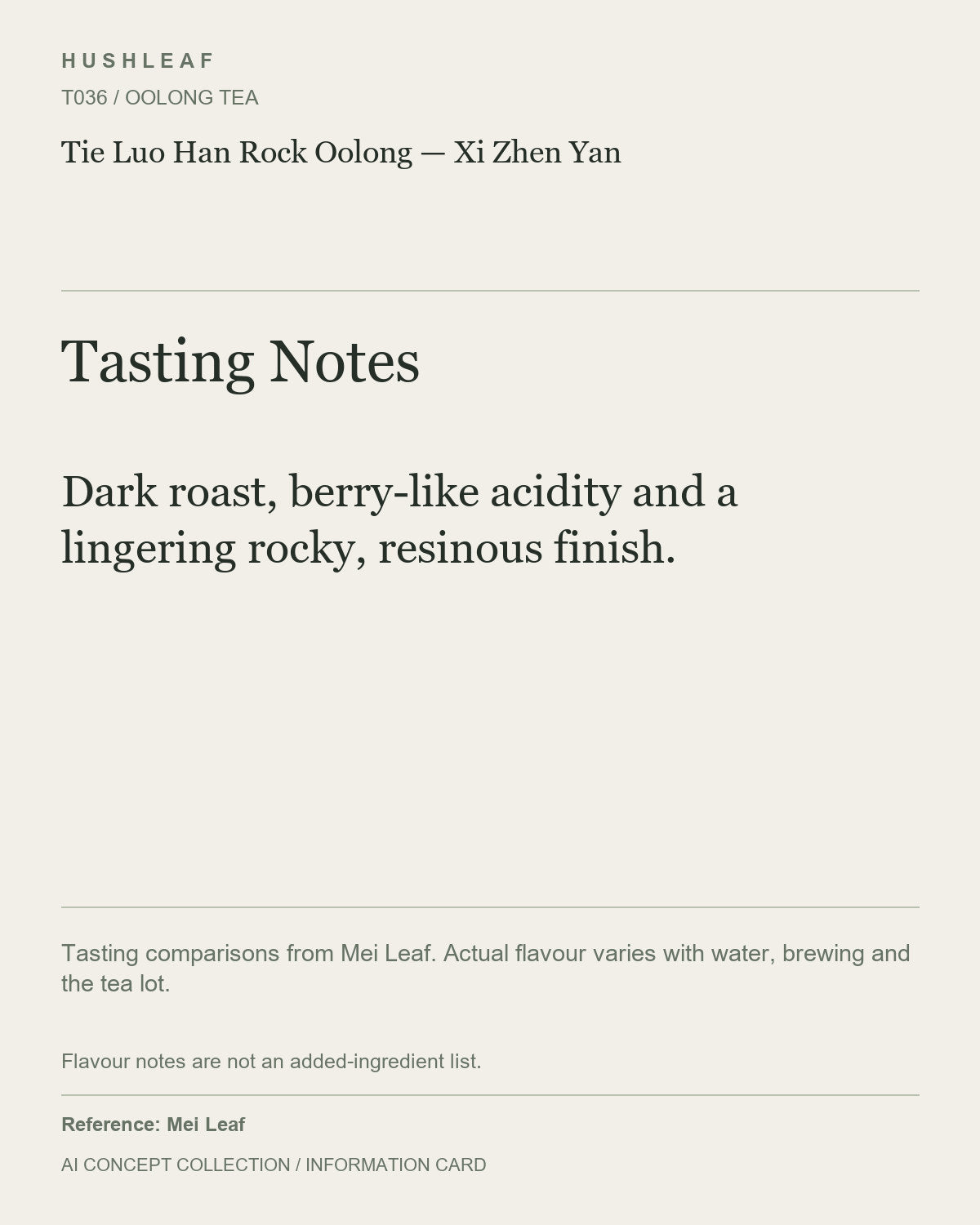AI concept collection — tasting information card — Tie Luo Han Rock Oolong — Xi Zhen Yan