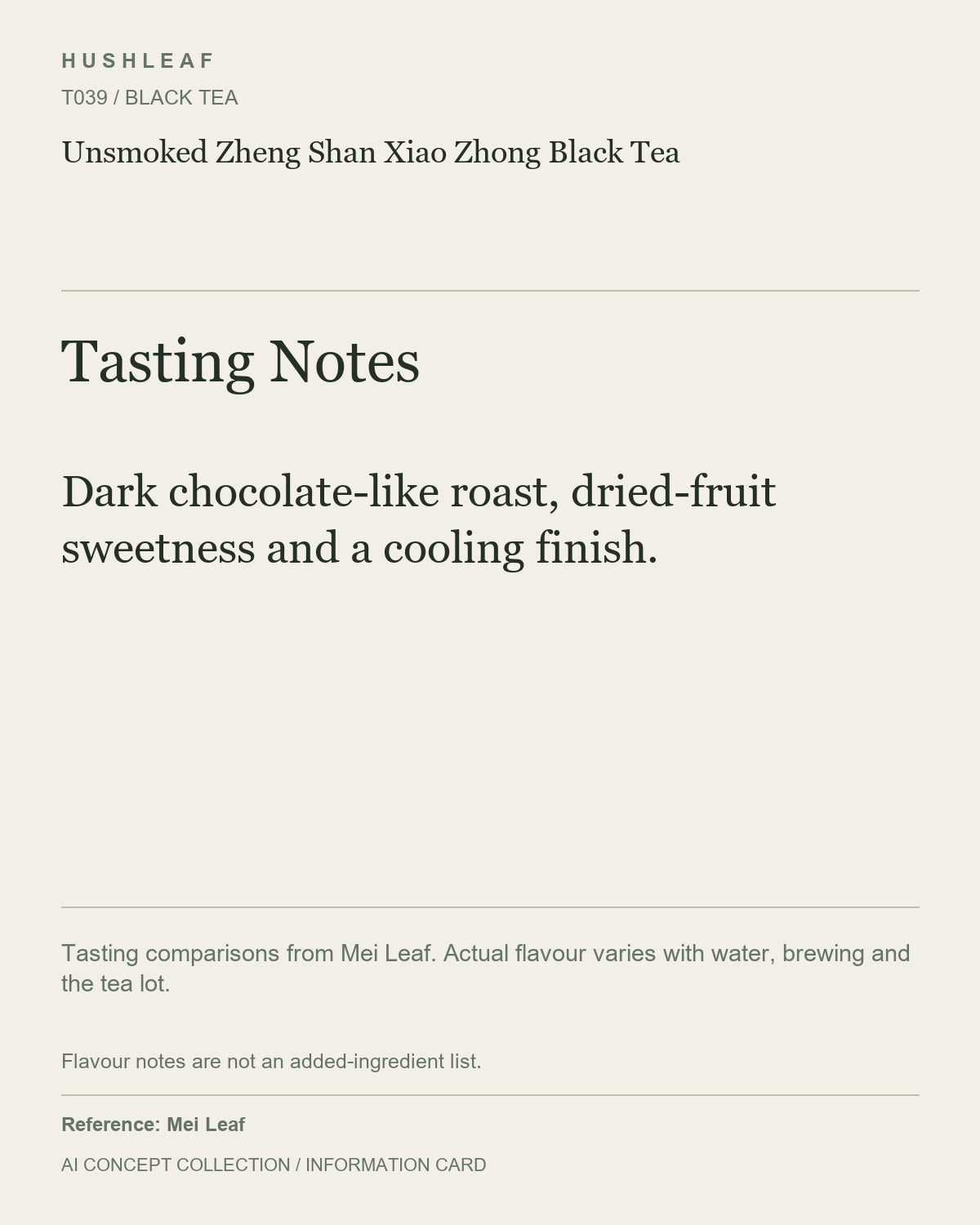 AI concept collection — tasting information card — Unsmoked Zheng Shan Xiao Zhong Black Tea