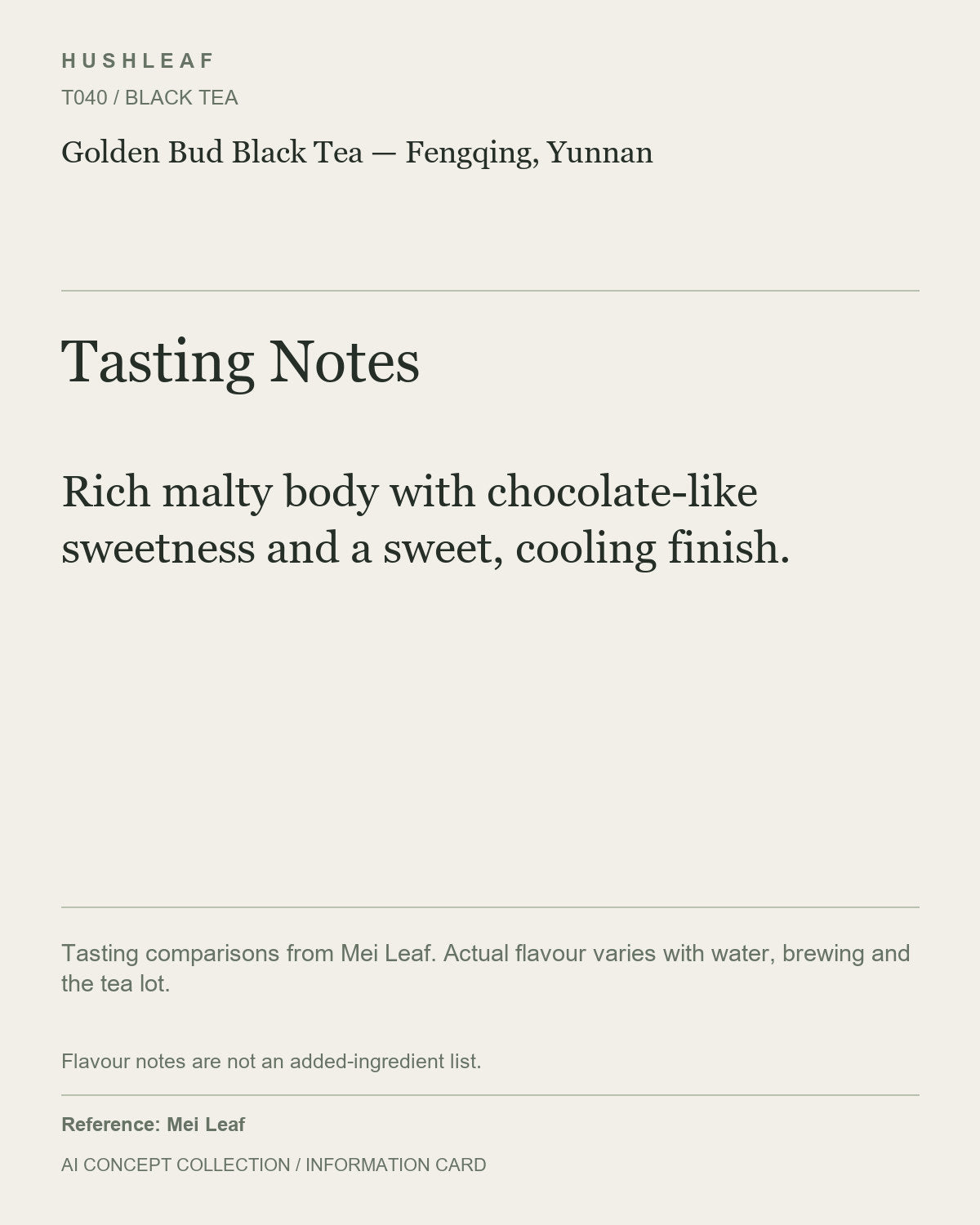 AI concept collection — tasting information card — Golden Bud Black Tea — Fengqing, Yunnan