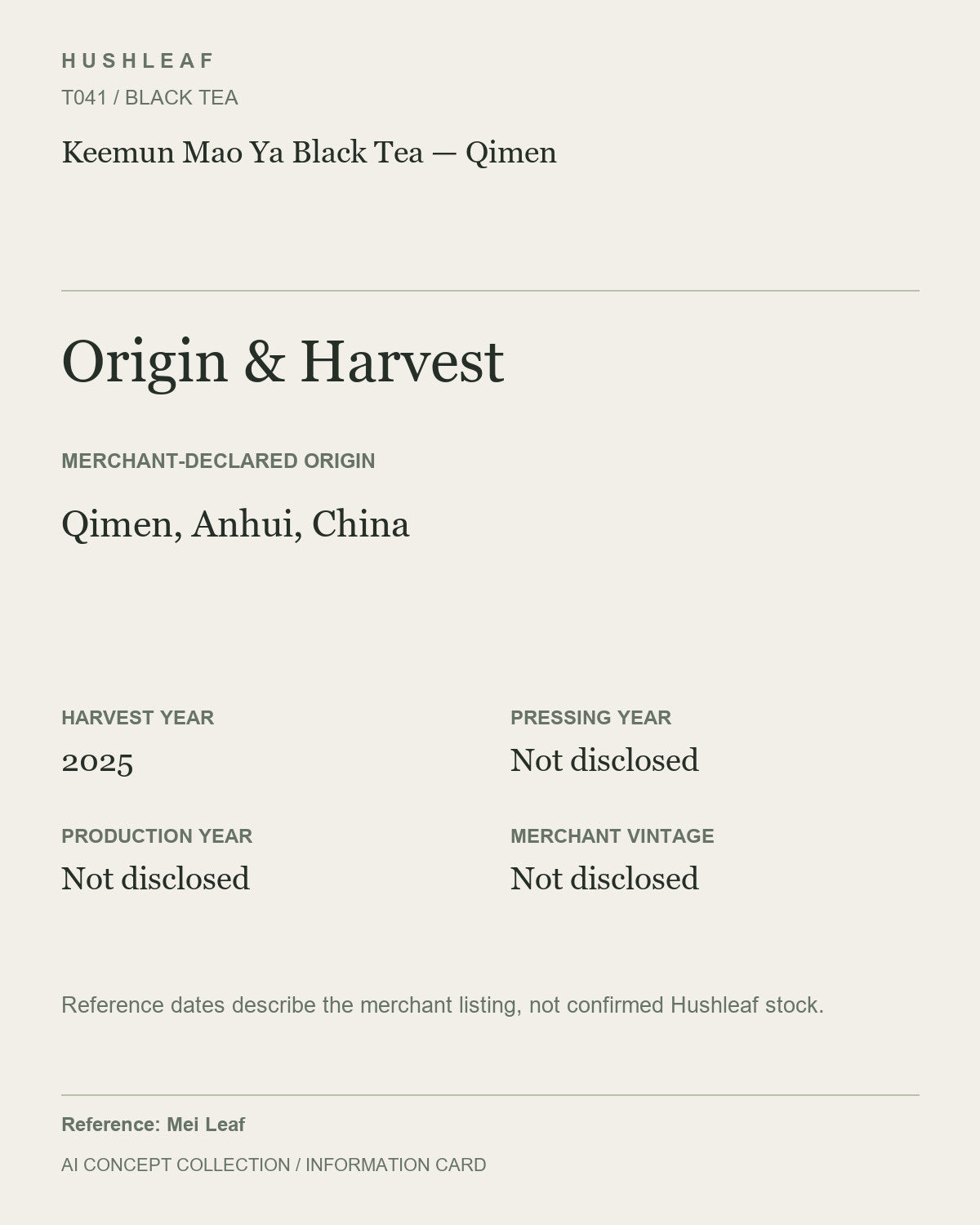 AI concept collection — origin harvest information card — Keemun Mao Ya Black Tea — Qimen