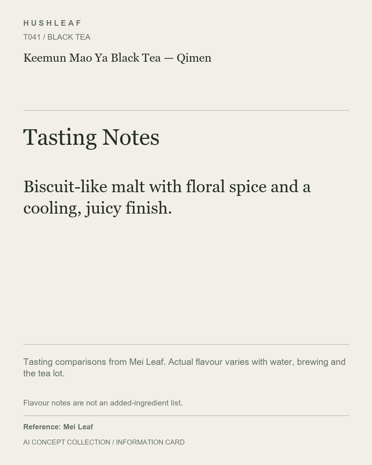 AI concept collection — tasting information card — Keemun Mao Ya Black Tea — Qimen
