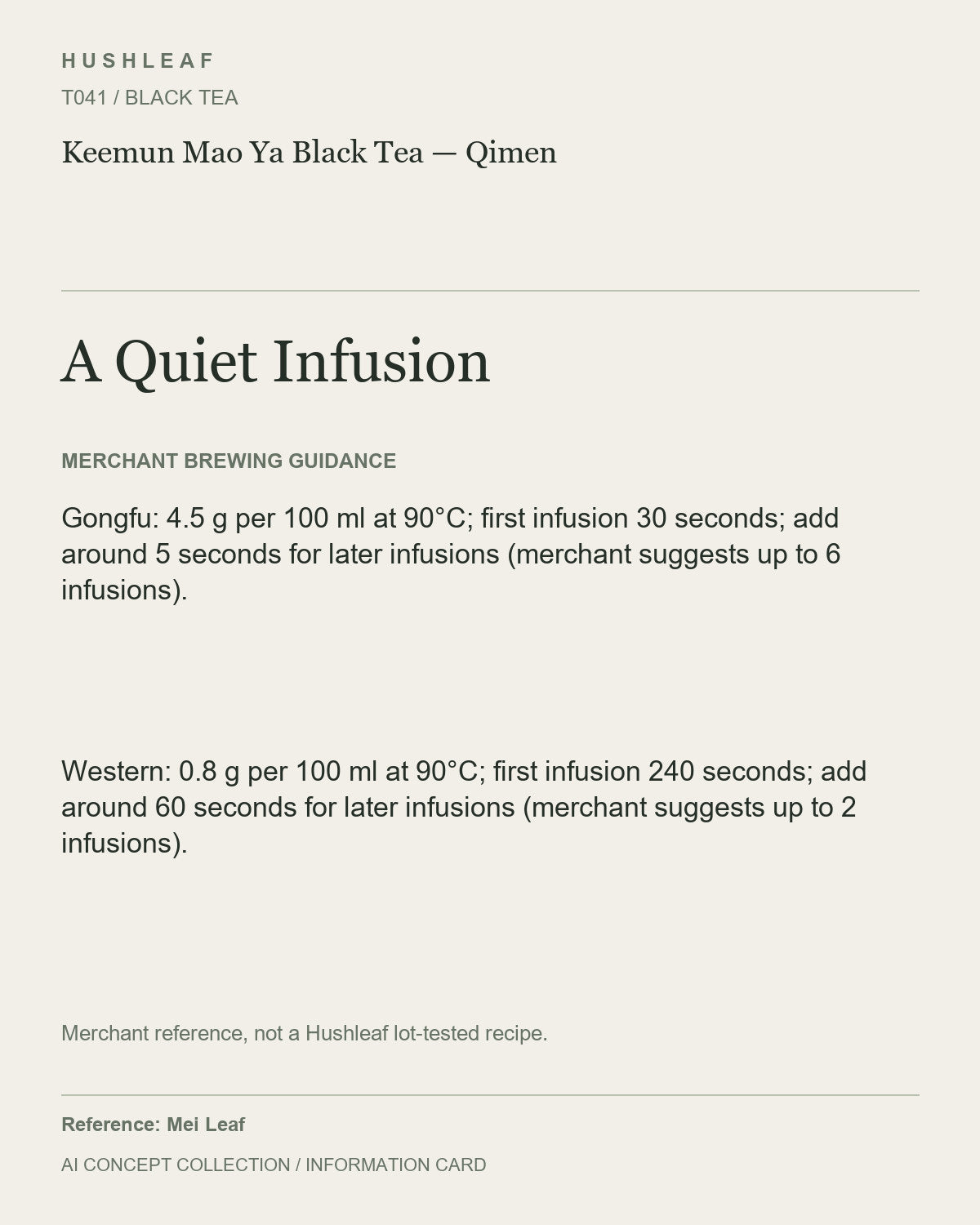 AI concept collection — brewing information card — Keemun Mao Ya Black Tea — Qimen