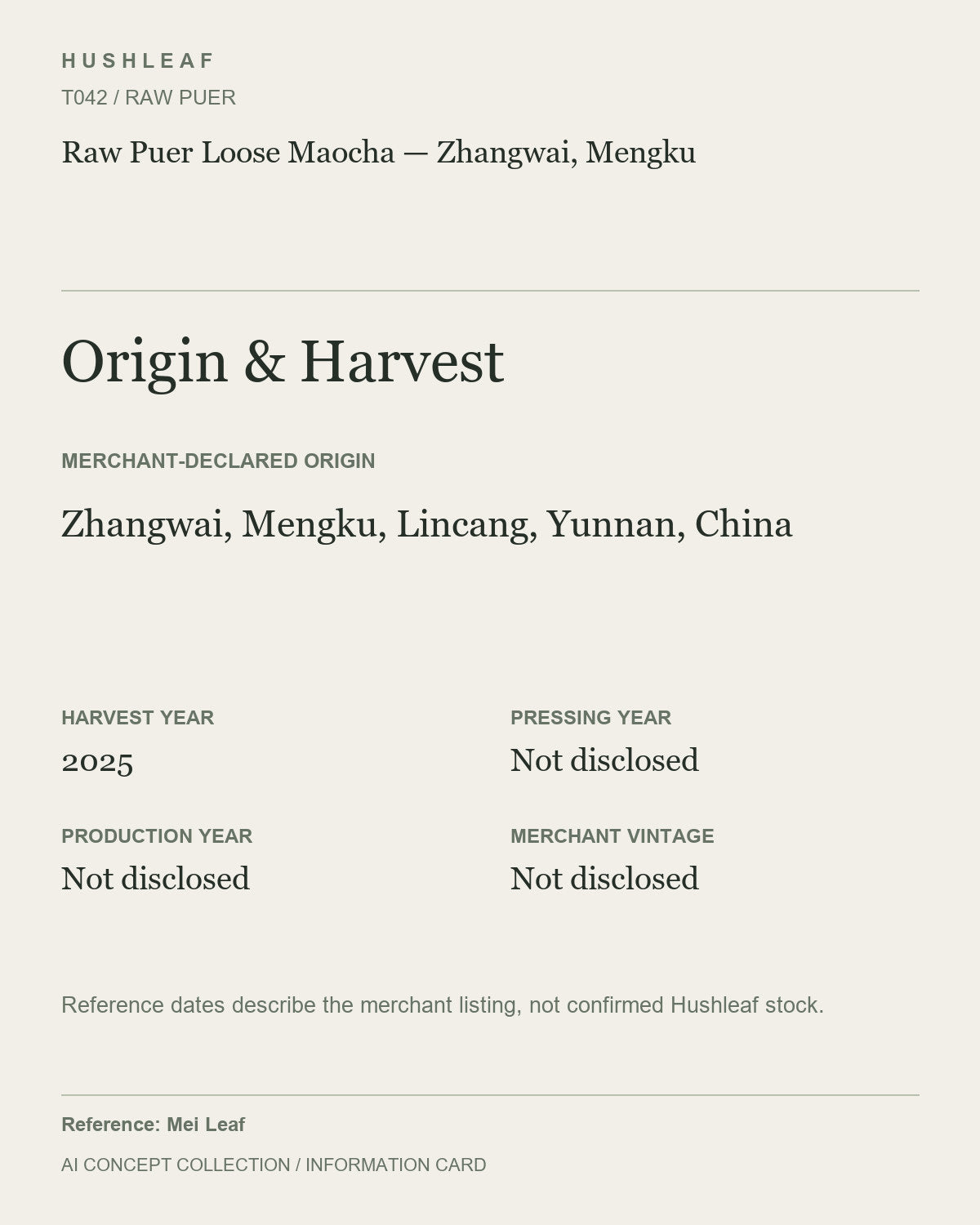 AI concept collection — origin harvest information card — Raw Puer Loose Maocha — Zhangwai, Mengku