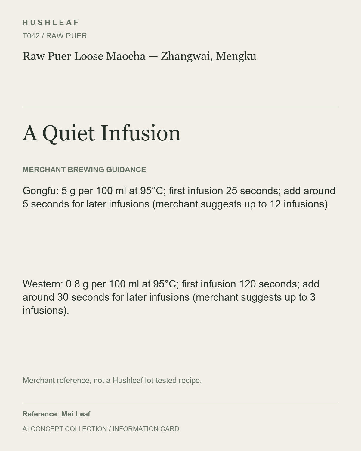 AI concept collection — brewing information card — Raw Puer Loose Maocha — Zhangwai, Mengku