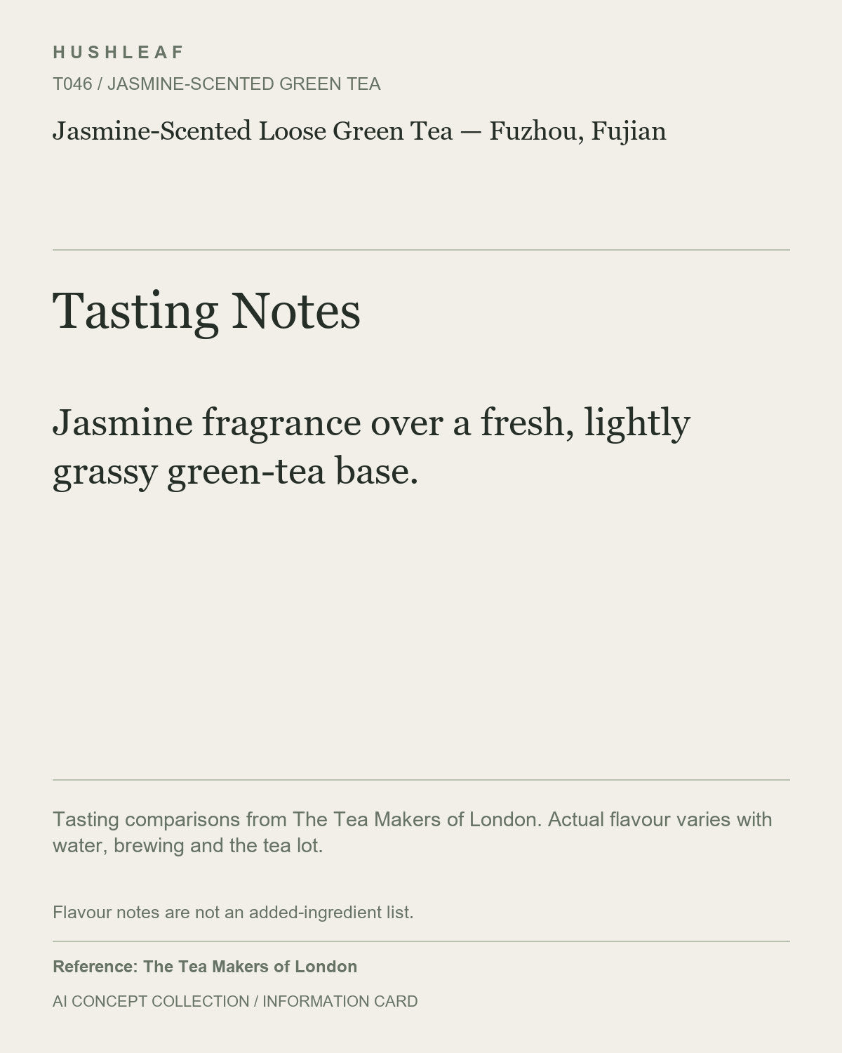 AI concept collection — tasting information card — Jasmine-Scented Loose Green Tea — Fuzhou, Fujian