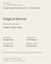 AI concept collection — origin harvest information card — Jasmine Dragon Pearls Green Tea — Fuzhou, Fujian