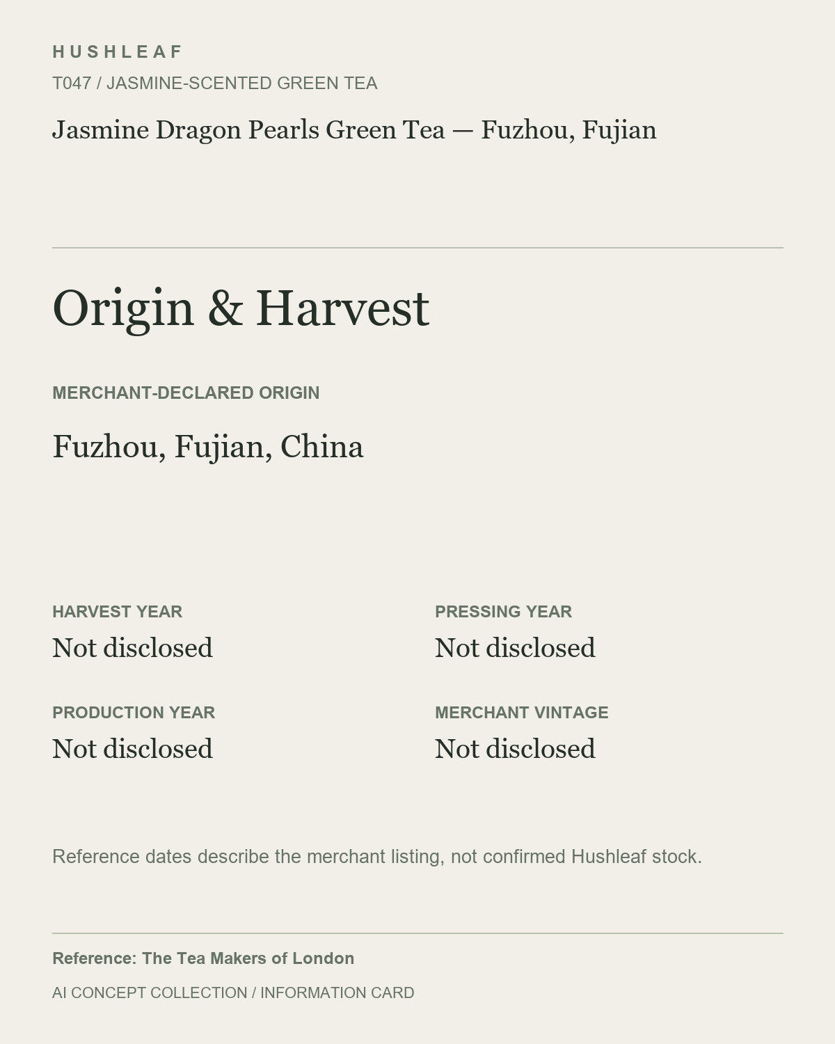 AI concept collection — origin harvest information card — Jasmine Dragon Pearls Green Tea — Fuzhou, Fujian