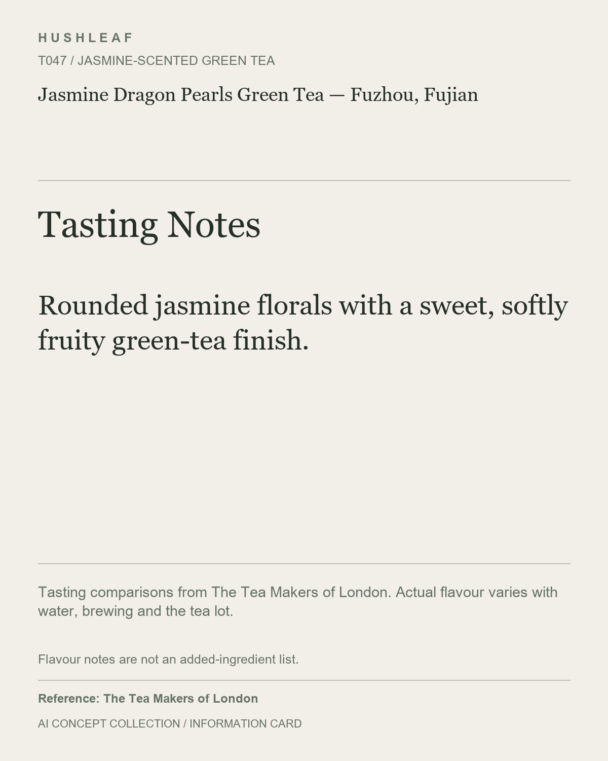 AI concept collection — tasting information card — Jasmine Dragon Pearls Green Tea — Fuzhou, Fujian
