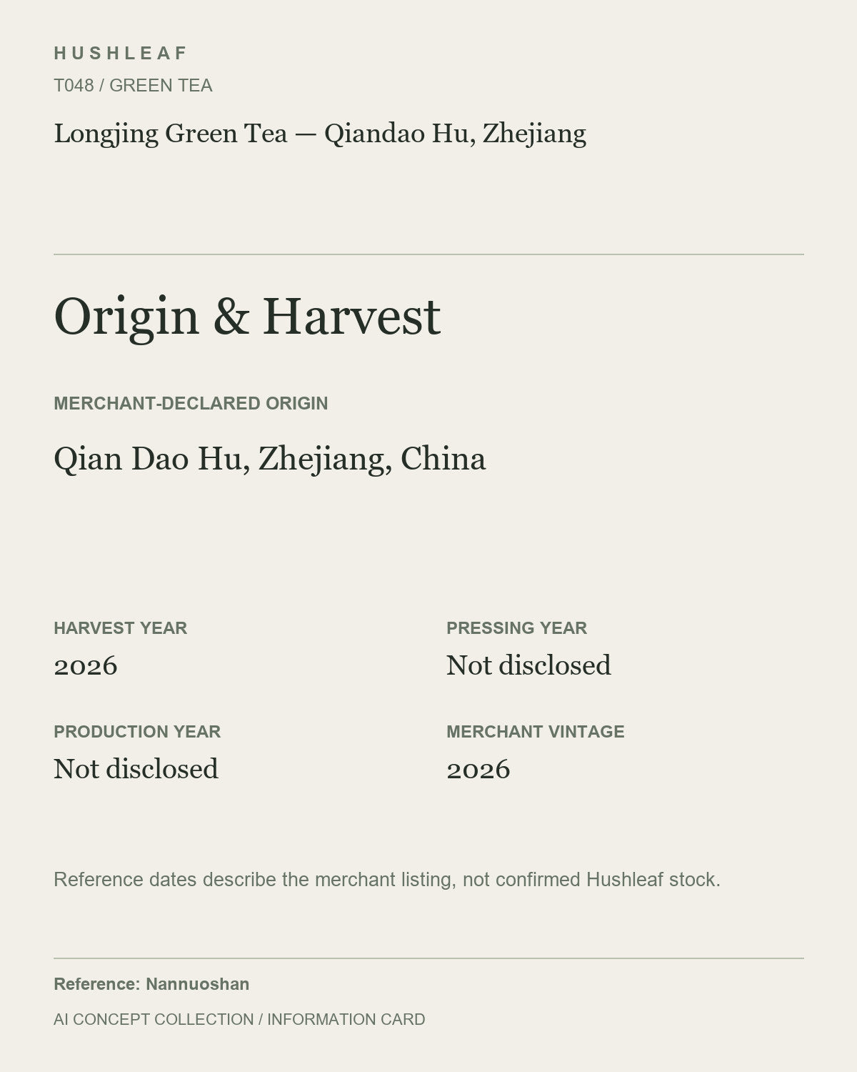 AI concept collection — origin harvest information card — Longjing Green Tea — Qiandao Hu, Zhejiang