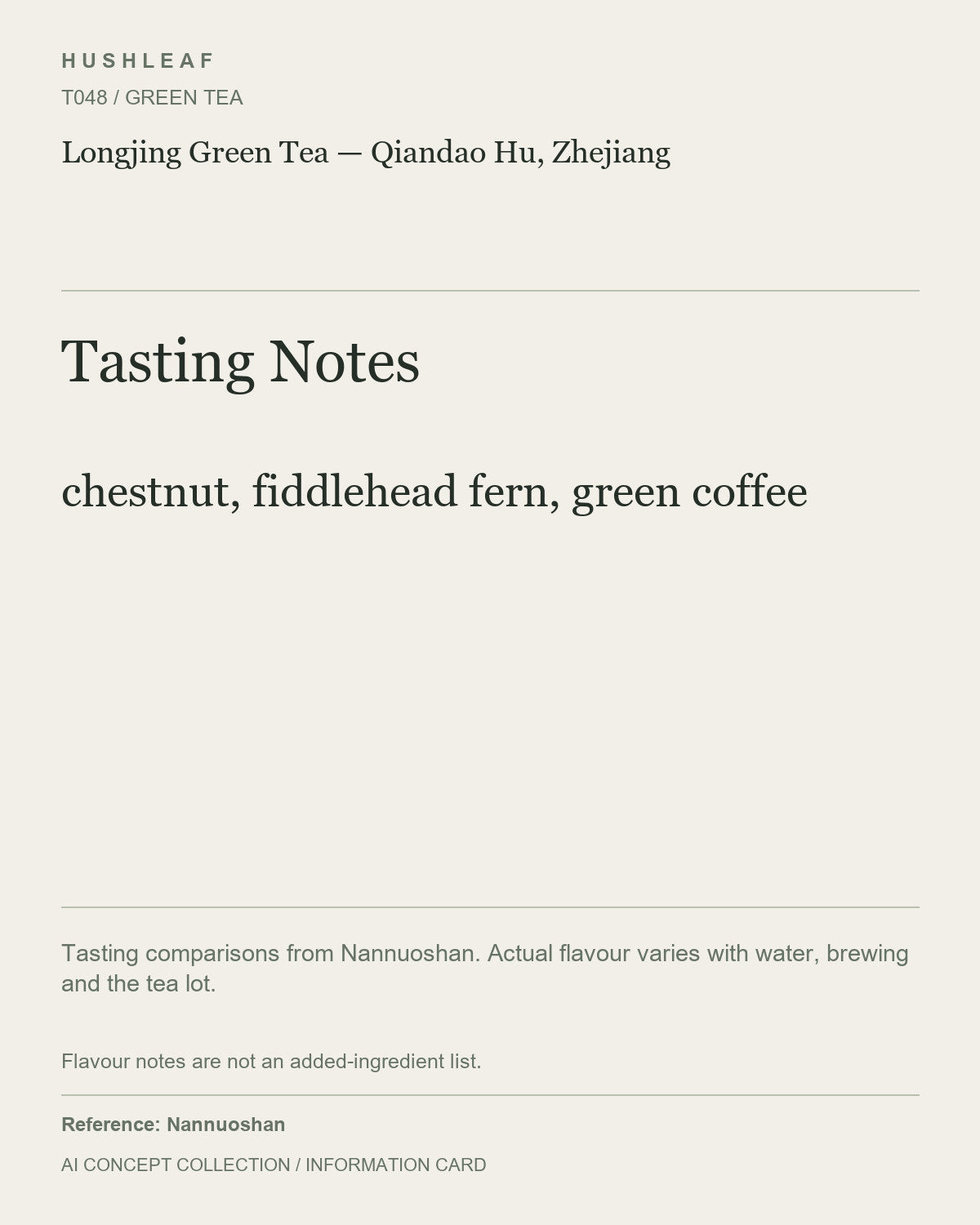 AI concept collection — tasting information card — Longjing Green Tea — Qiandao Hu, Zhejiang