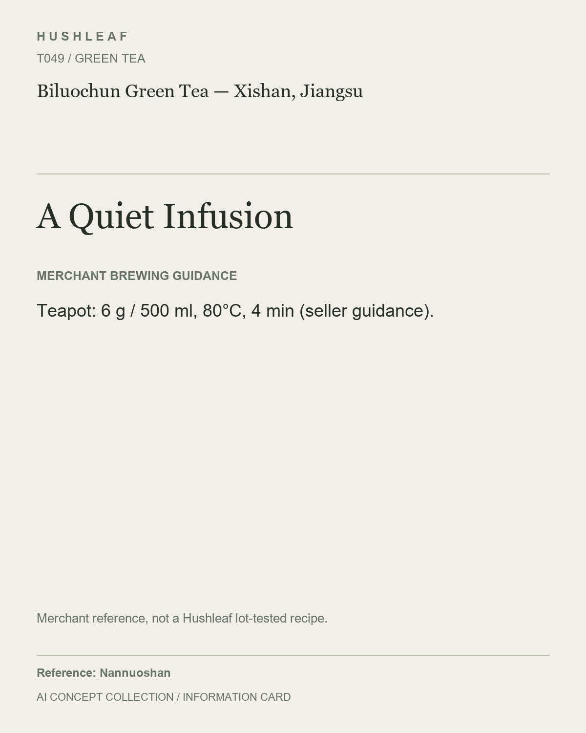 AI concept collection — brewing information card — Biluochun Green Tea — Xishan, Jiangsu