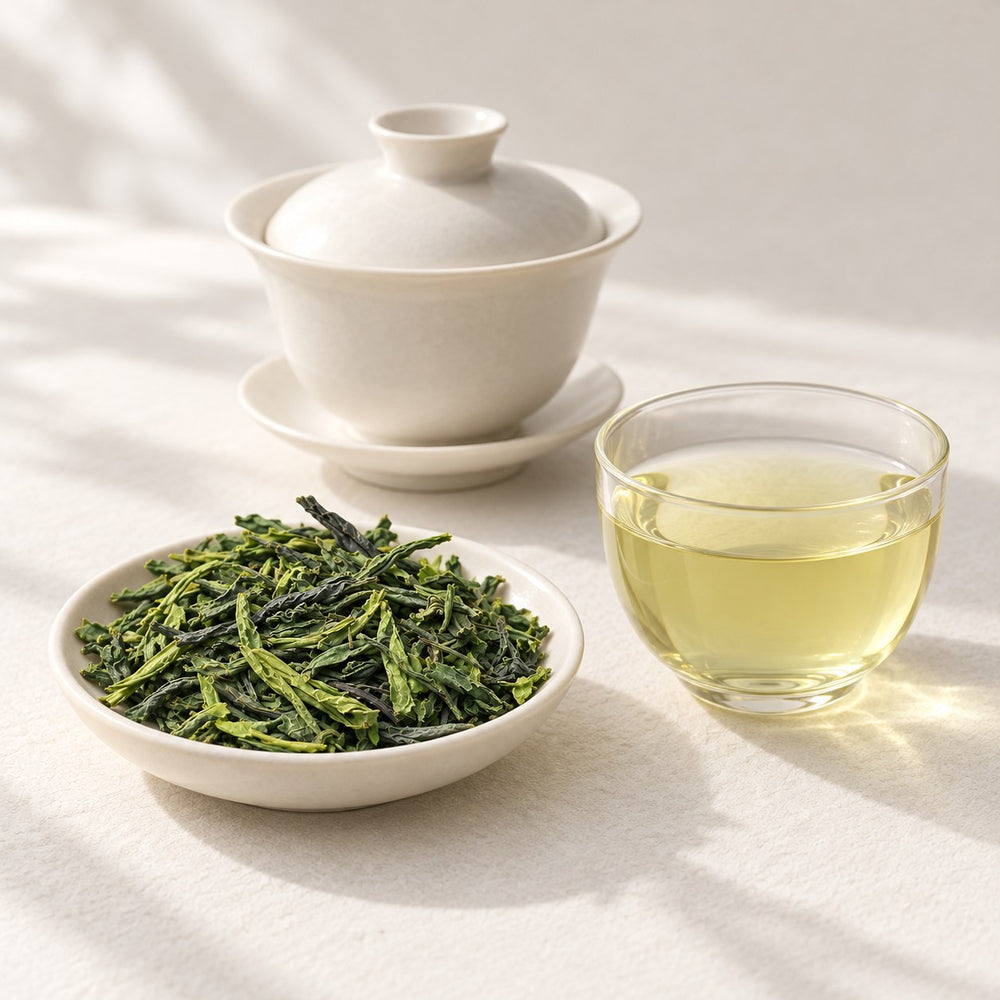 AI brewing scene concept — Luan Gua Pian Green Tea — Qitoushan, Jinzhai