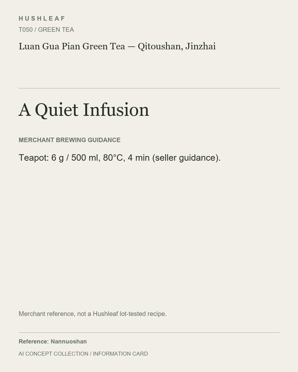 AI concept collection — brewing information card — Luan Gua Pian Green Tea — Qitoushan, Jinzhai