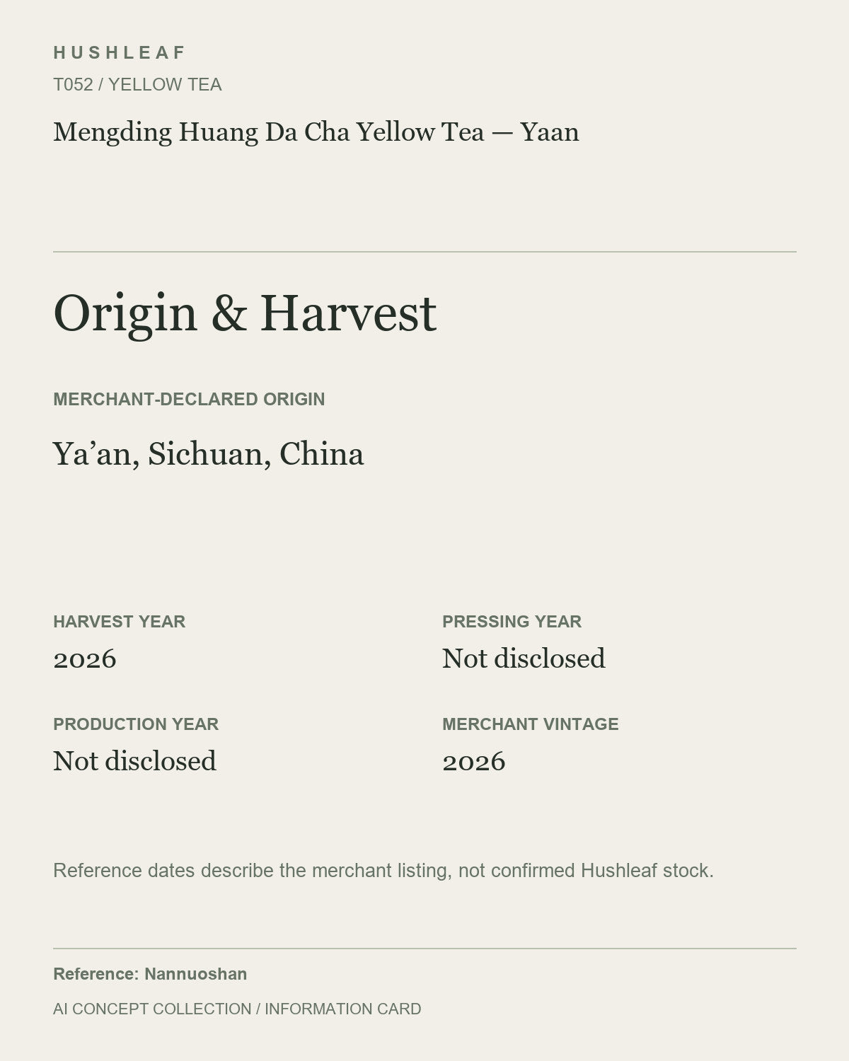 AI concept collection — origin harvest information card — Mengding Huang Da Cha Yellow Tea — Yaan