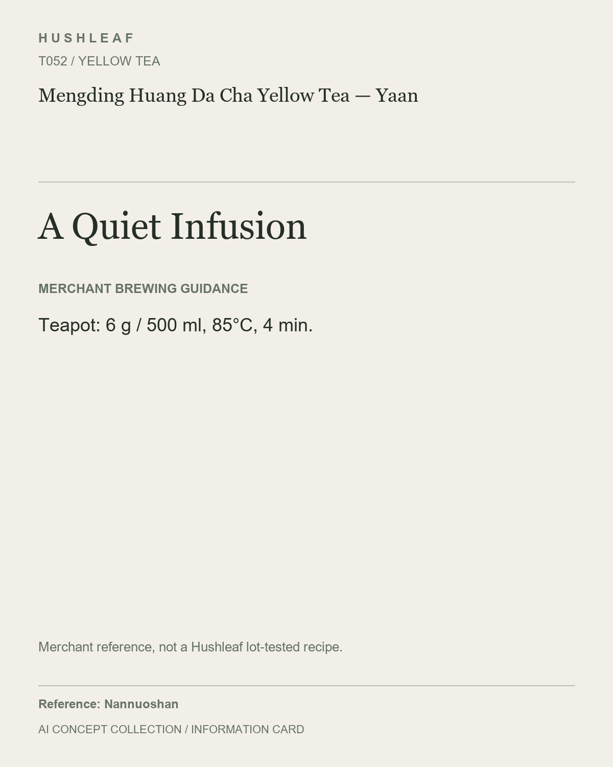 AI concept collection — brewing information card — Mengding Huang Da Cha Yellow Tea — Yaan