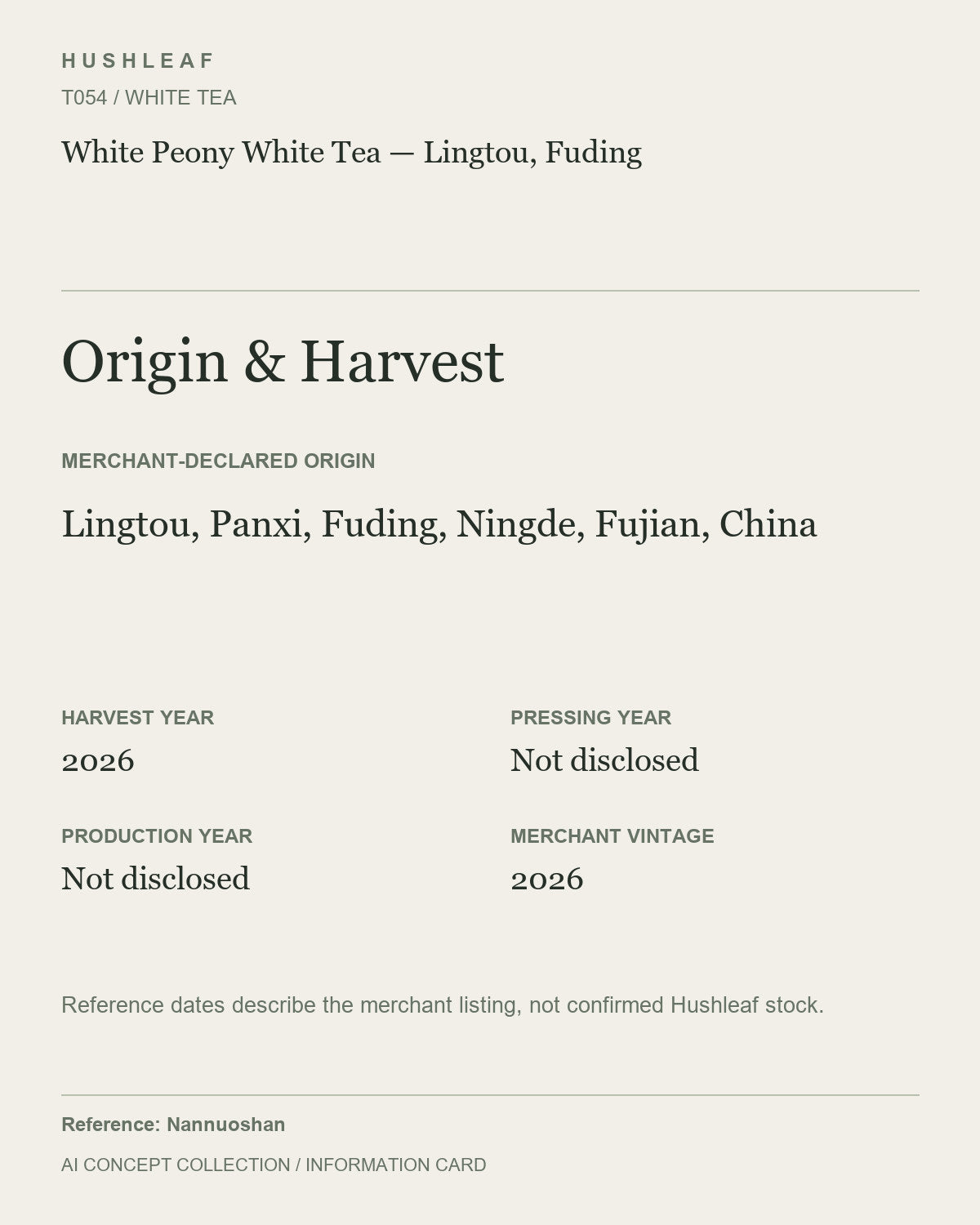 AI concept collection — origin harvest information card — White Peony White Tea — Lingtou, Fuding