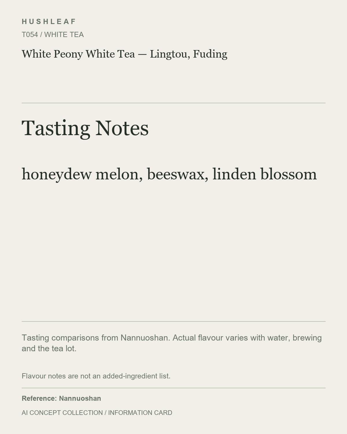 AI concept collection — tasting information card — White Peony White Tea — Lingtou, Fuding