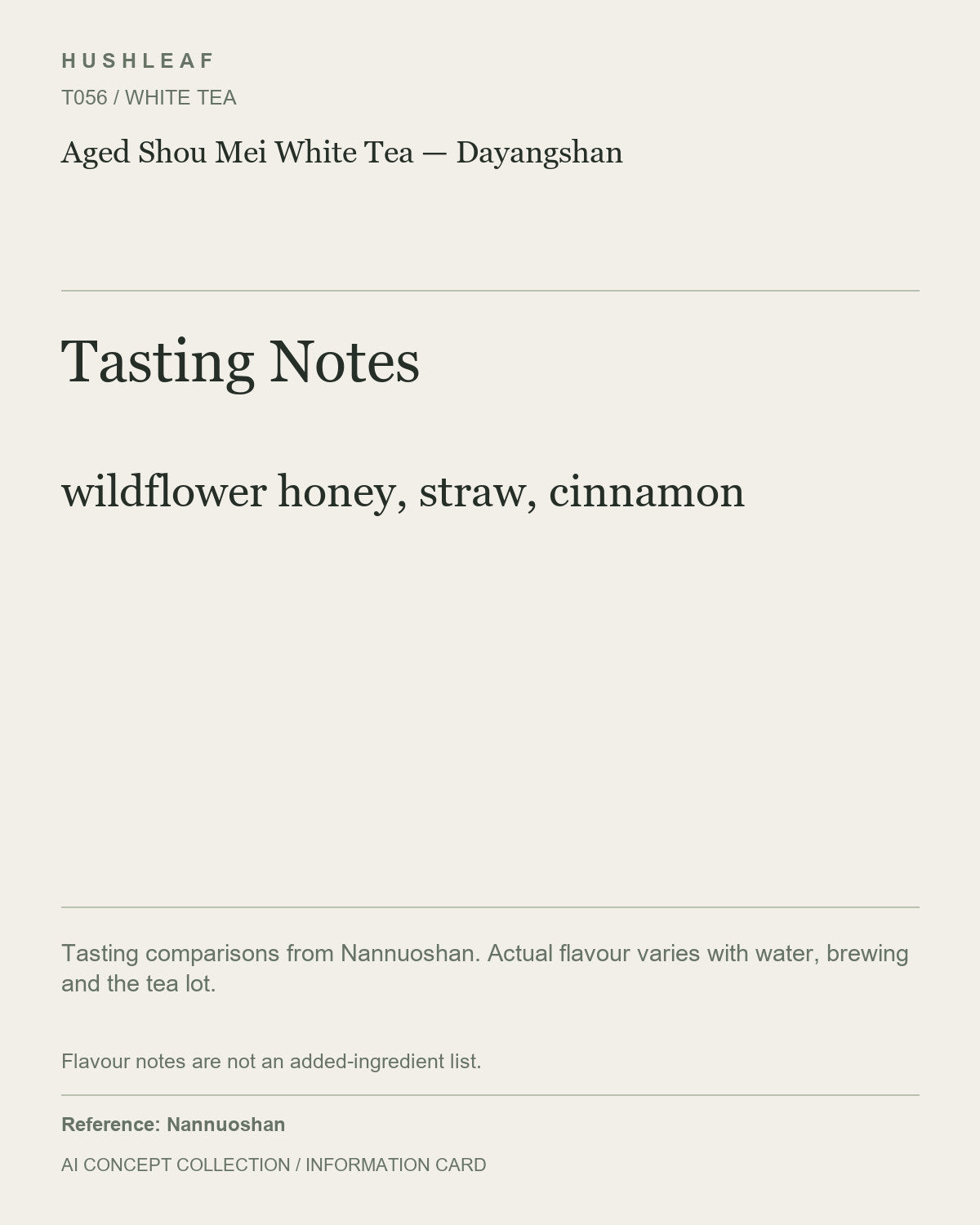 AI concept collection — tasting information card — Aged Shou Mei White Tea — Dayangshan