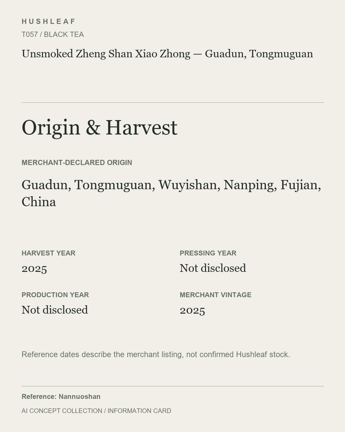 AI concept collection — origin harvest information card — Unsmoked Zheng Shan Xiao Zhong — Guadun, Tongmuguan