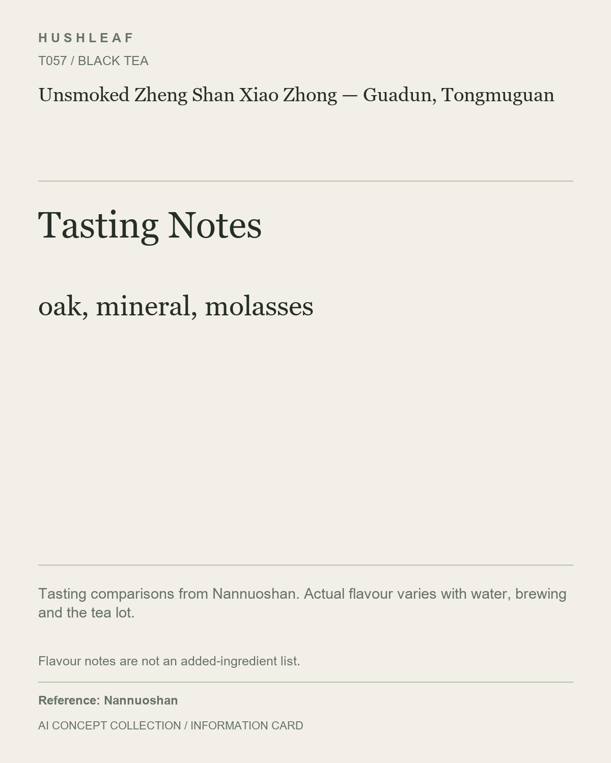 AI concept collection — tasting information card — Unsmoked Zheng Shan Xiao Zhong — Guadun, Tongmuguan