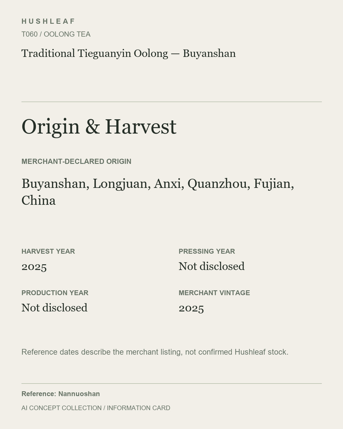 AI concept collection — origin harvest information card — Traditional Tieguanyin Oolong — Buyanshan