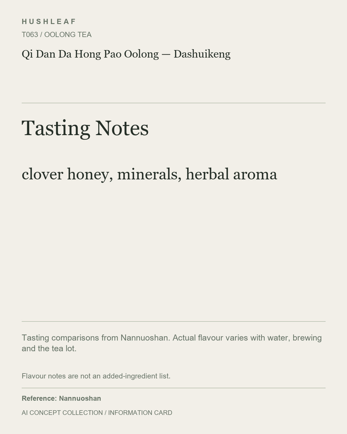 AI concept collection — tasting information card — Qi Dan Da Hong Pao Oolong — Dashuikeng