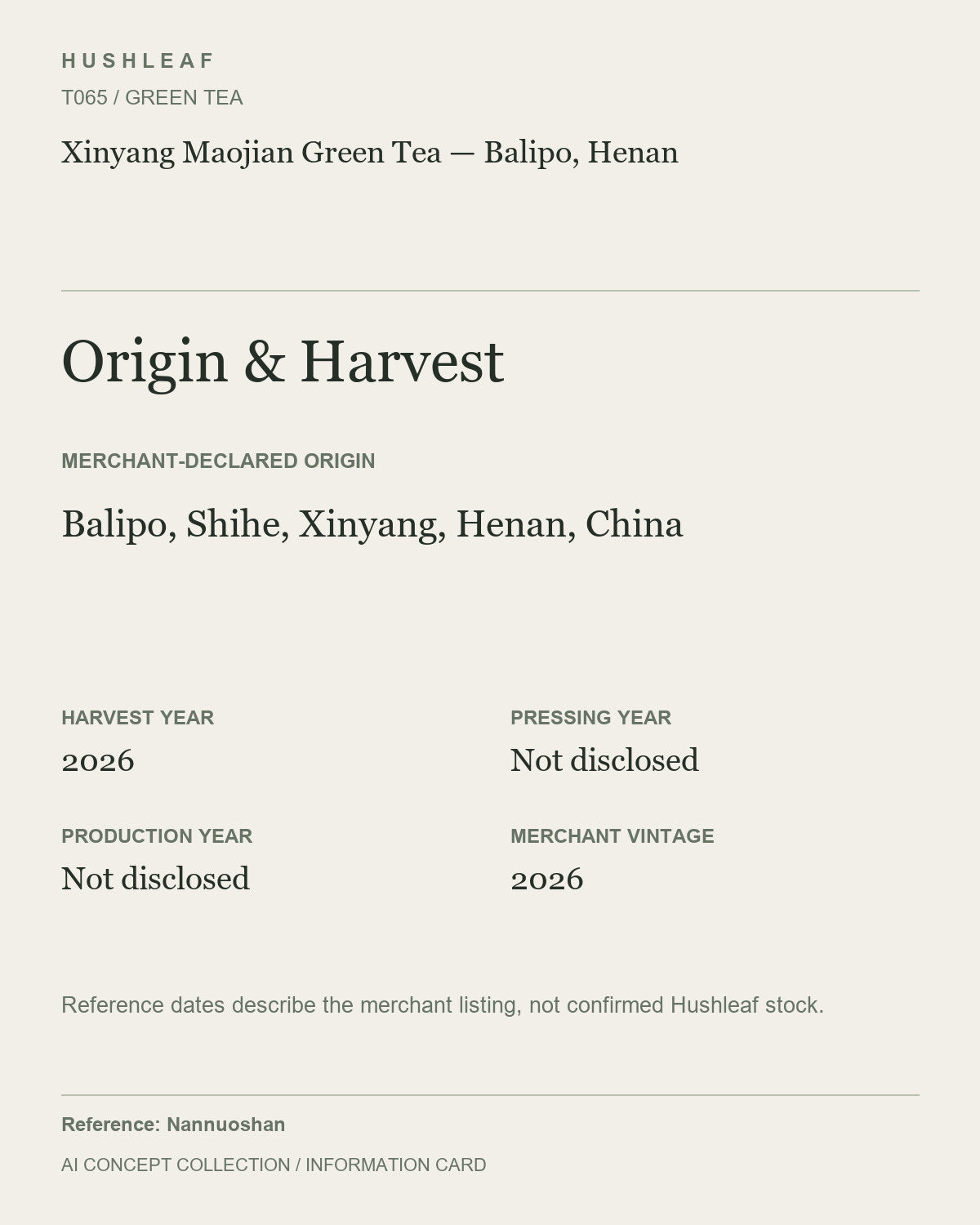AI concept collection — origin harvest information card — Xinyang Maojian Green Tea — Balipo, Henan