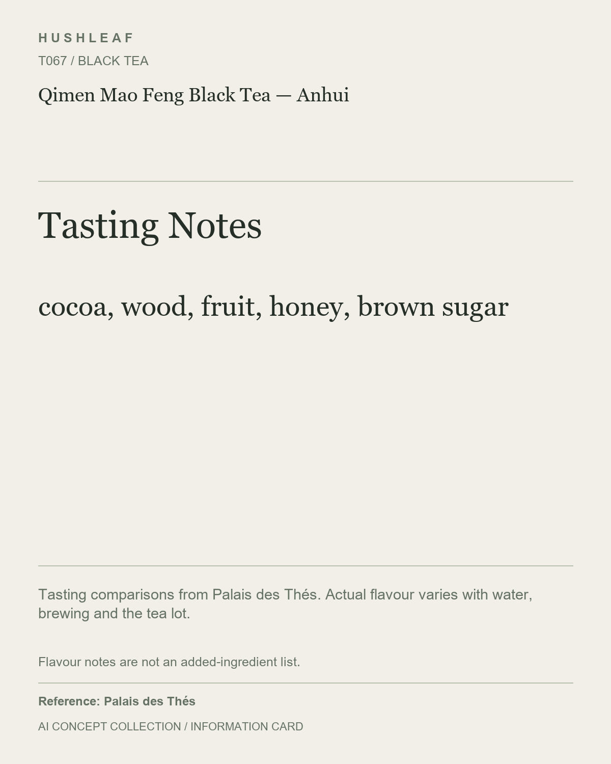 AI concept collection — tasting information card — Qimen Mao Feng Black Tea — Anhui