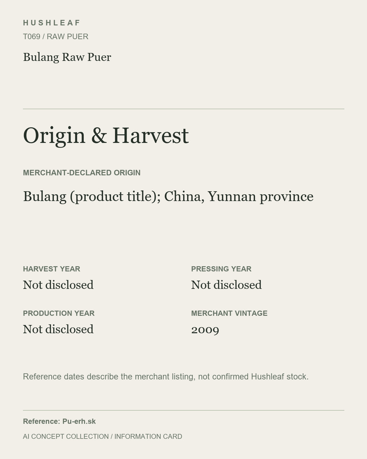 AI concept collection — origin harvest information card — Bulang Raw Puer